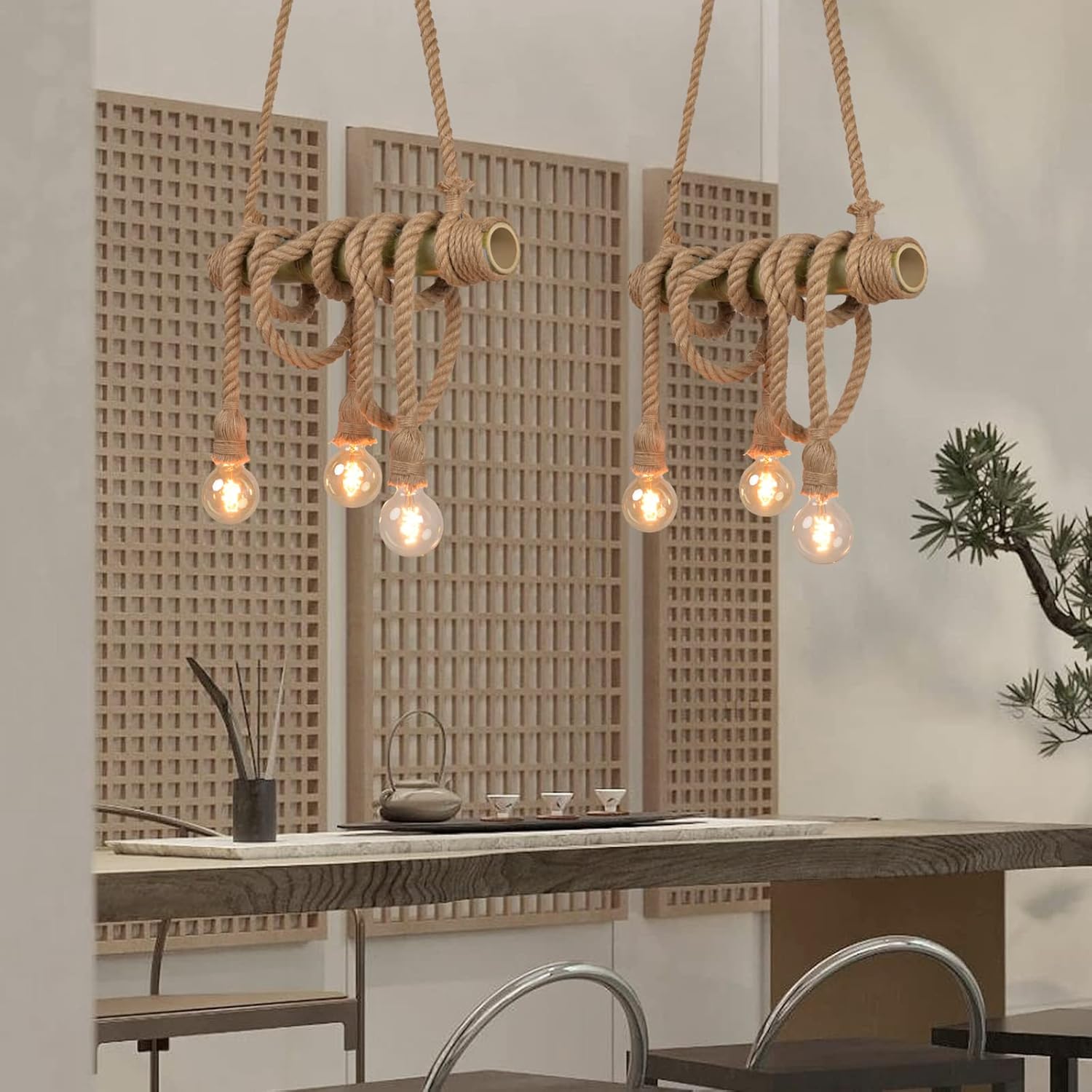 Arturesthome 3 luces vintage de bambú candelabros de cuerda de cáñamo, lámpara colgante industrial rústica única para dormitorio, restaurante,