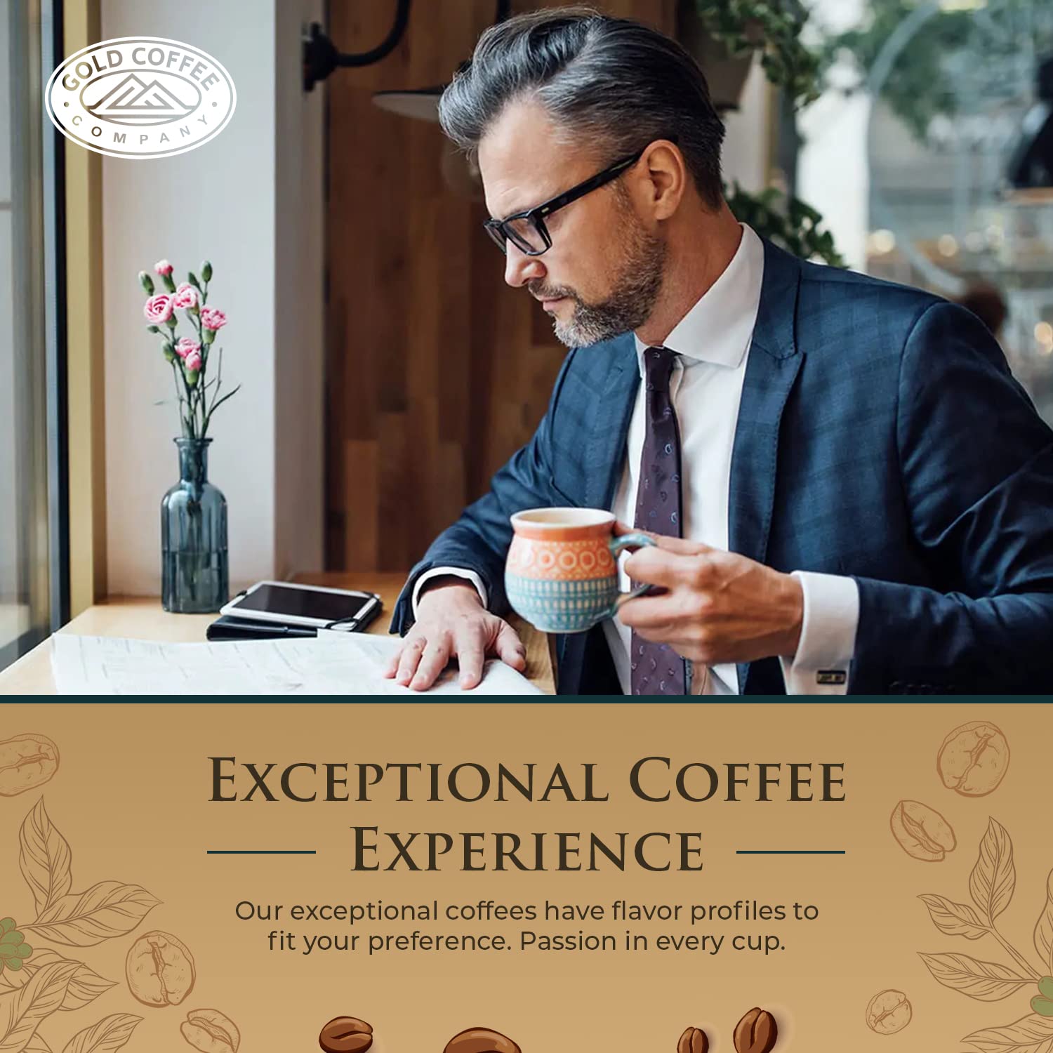 Gold Coffee Blue Mountain Blend Café de grano entero de tostado medio, 1 libra (paquete de 1) – Café instantáneo tostado a la perfección, granos de
