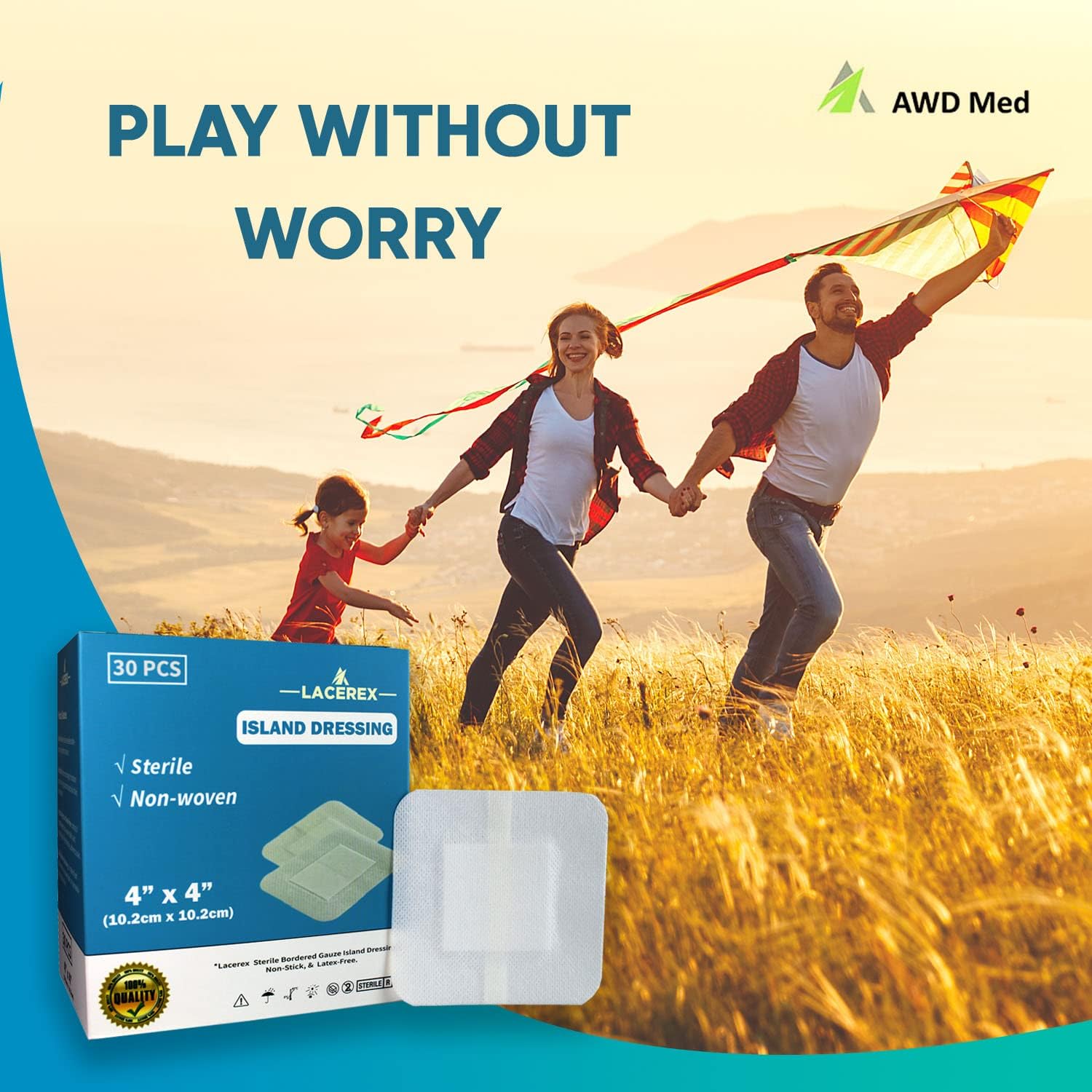 AWD Medical Vendaje adhesivo para islas, vendaje avanzado para heridas, borde estéril Lacerex, vendaje de gasa no tejida, antiadherente, sin látex,