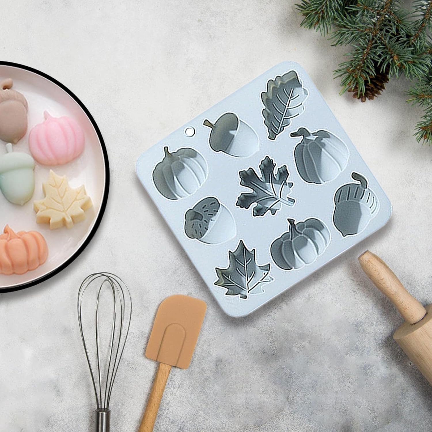 Molde de silicona de hoja de arce, 12 piezas de moldes de fondant de otoño otoñal, moldes de resina de calabaza 3D, moldes de fundición epoxi con