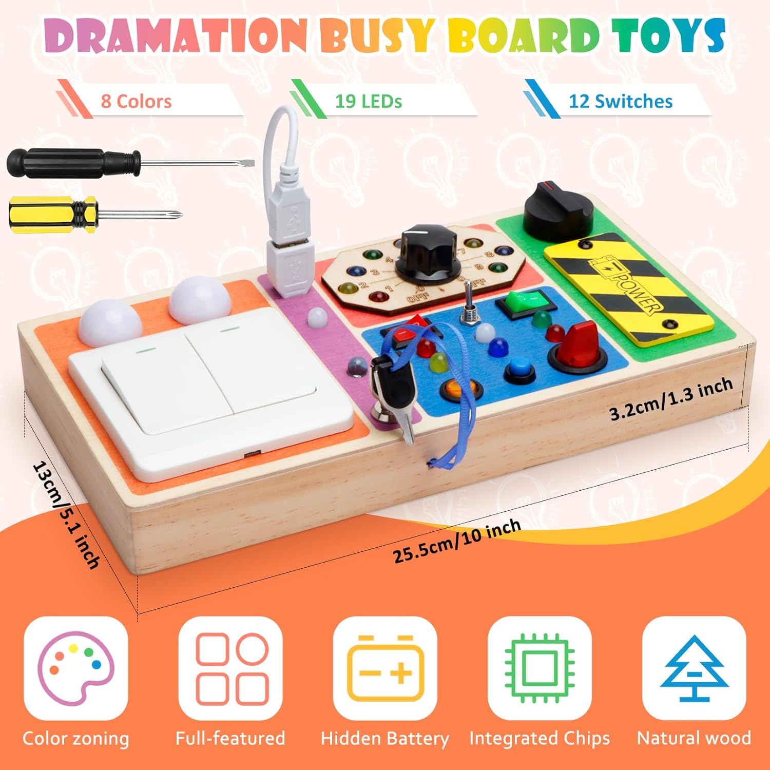 Montessori – Tablero sensorial para bebés de 1, 2, 3, 4 años, tablero de madera con 19 luces LED, juguetes de interruptor, juguete de botón para