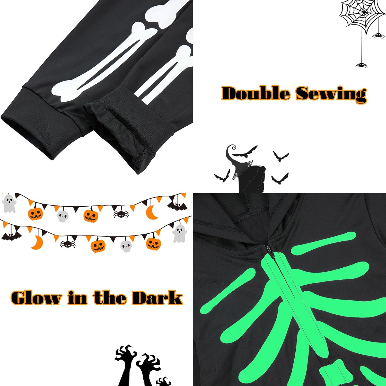 Enlifety 1-8T Disfraz de esqueleto de Halloween para niños y niñas, overol de calavera que brilla en la oscuridad con capucha