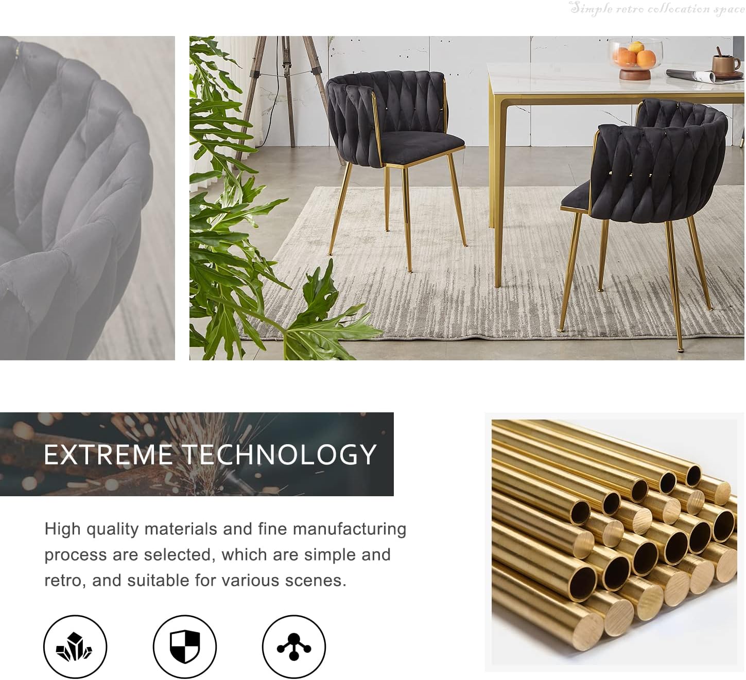 Tsuysi Juego de 4 sillas de comedor de terciopelo negro, sillas de comedor tapizadas con patas de metal dorado, silla de comedor tejida moderna para