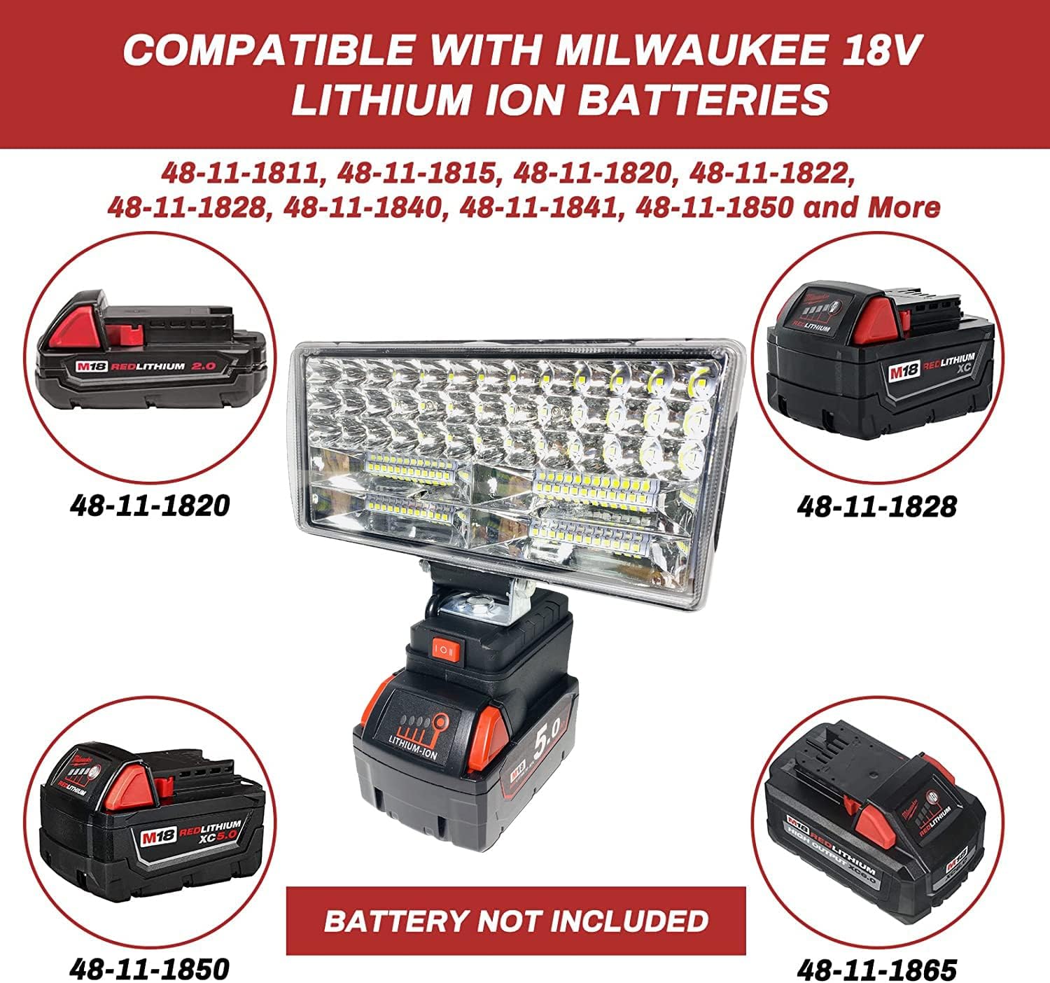 BANUQUE Luz de trabajo para batería Milwaukee m18 de 18 V, linterna para Milwaukee M18, luces de inundación LED portátiles inalámbricas de 160 W