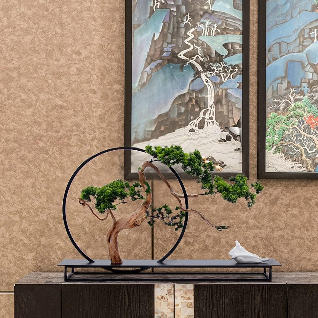 Bonsái artificial estilo chino árboles artificiales bienvenidos árboles de pino marcos de metal, figuras de cerámica, decoración de sala de estar y