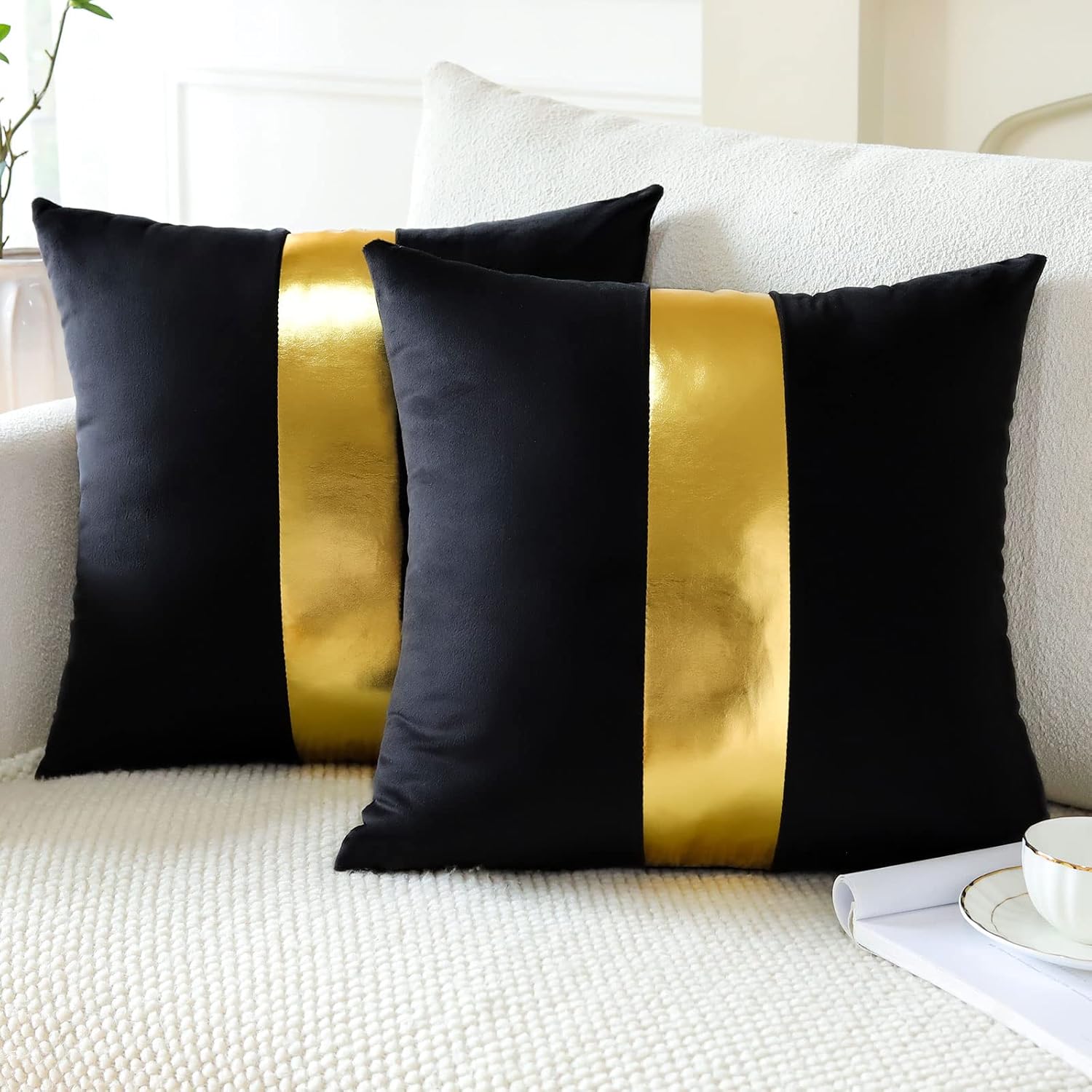 Artscope Juego de 2 fundas de almohada de terciopelo negro con costuras de cuero dorado, fundas de almohada cuadradas modernas y minimalistas para