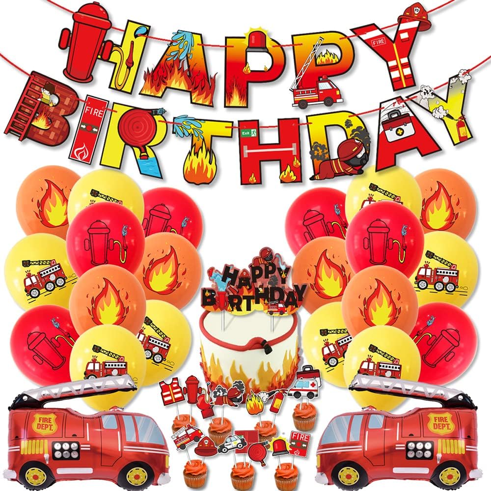 Suministros de fiesta de cumpleaños de camión de bomberos para niños y niñas, pancarta temática de feliz cumpleaños, globos de aluminio para