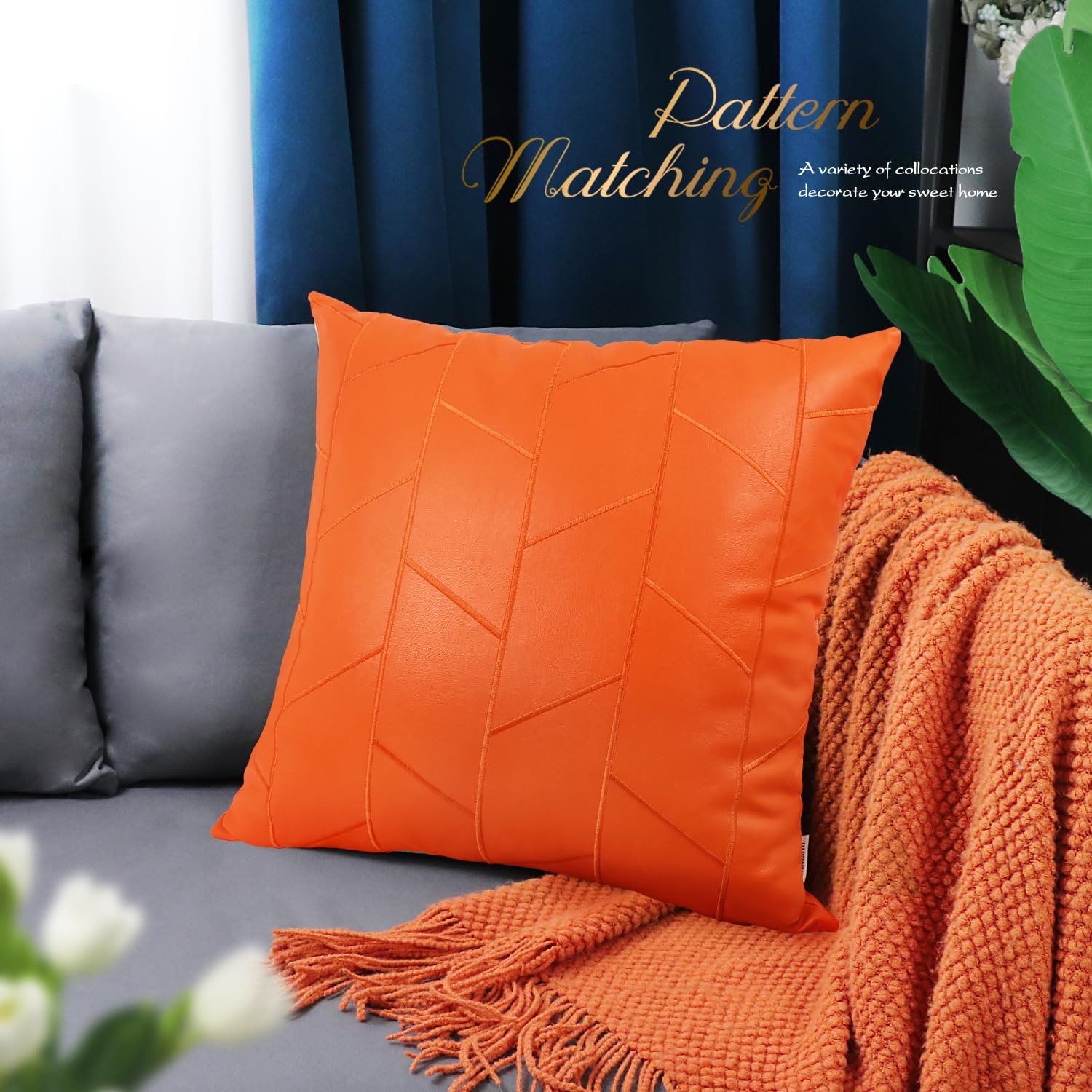 BRAWARM Fundas de almohada de piel sintética de 18 x 18 pulgadas, fundas de almohada de cuero naranja, paquete de 2, almohadas decorativas de cuero