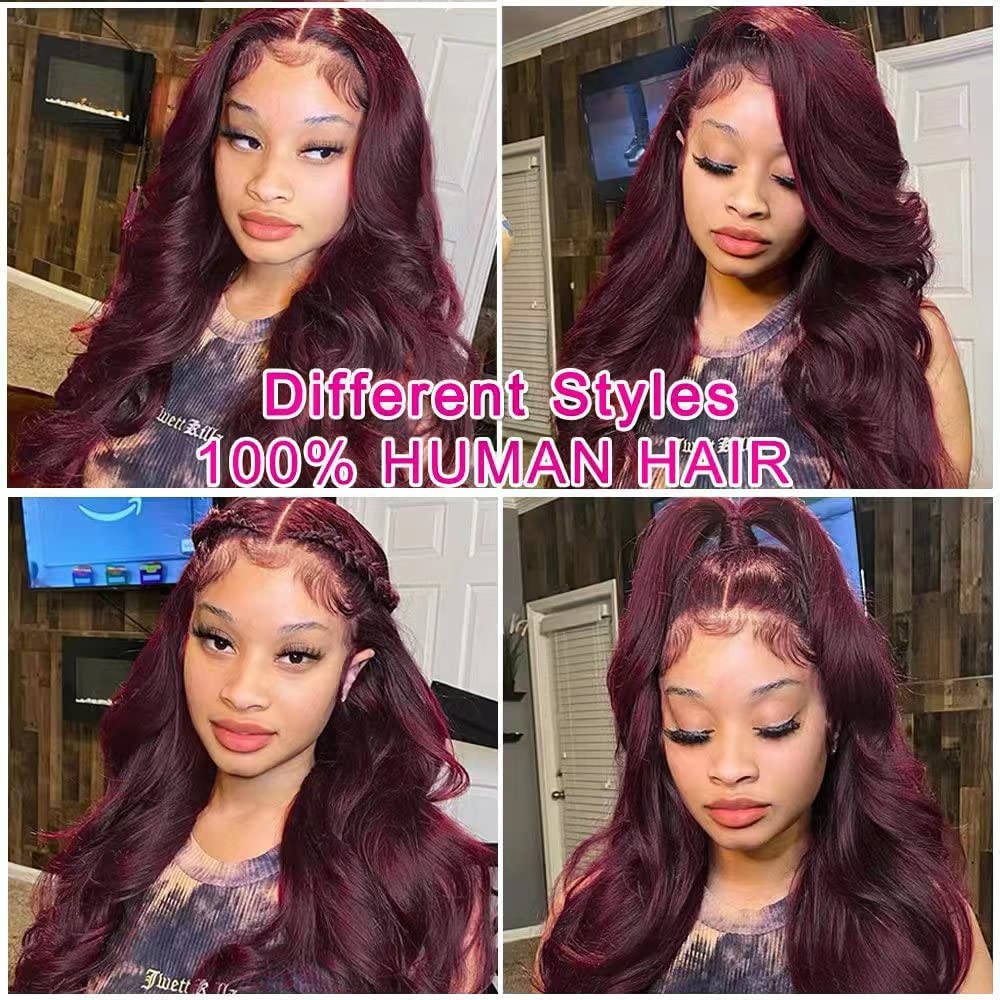 Peluca de cabello humano ondulado con encaje frontal color borgoña 99J de 13 x 4, densidad del 150 %, pelucas de color rojo vino para mujeres,
