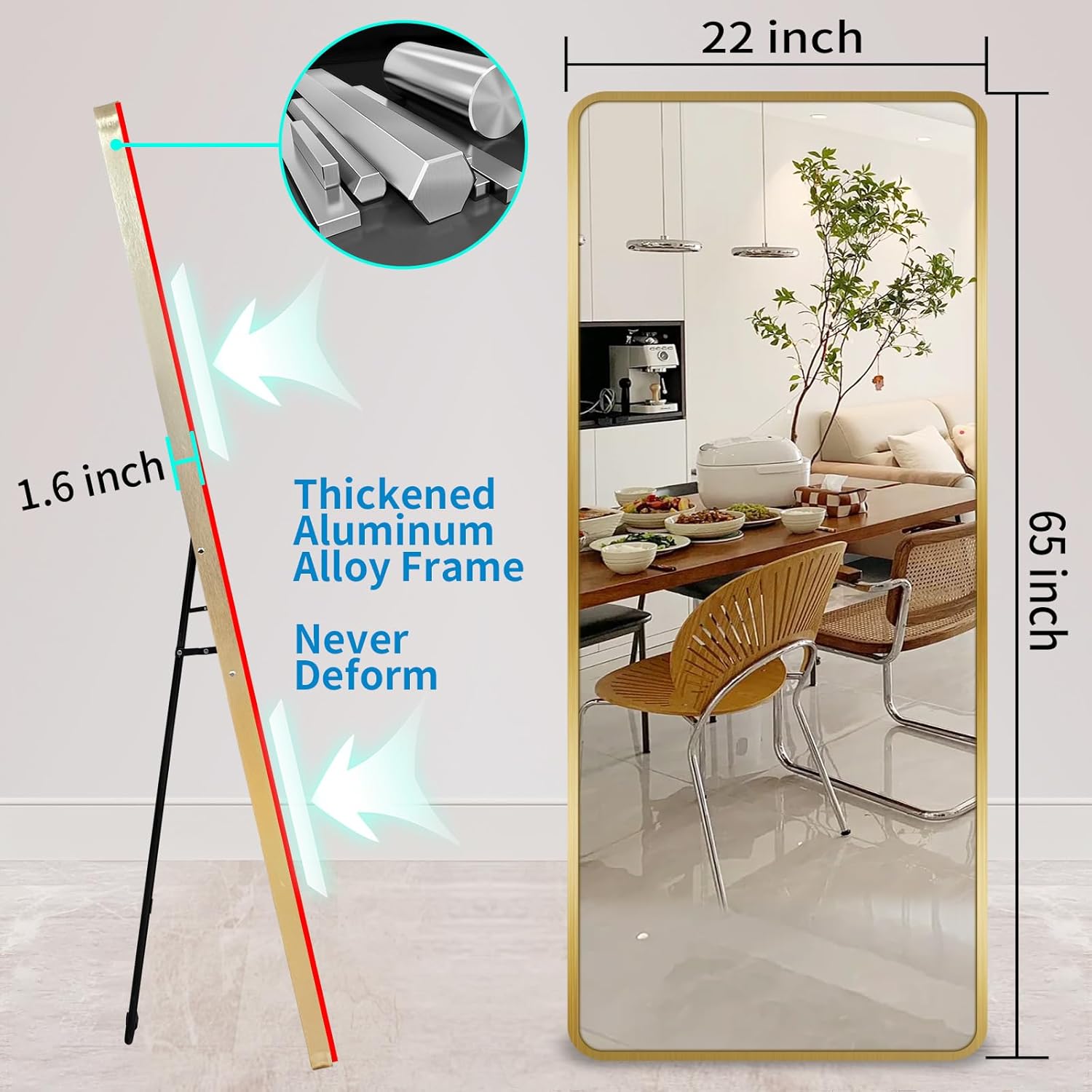 Espejo de pie de 65 x 22 pulgadas, espejo de pie de cuerpo completo con soporte, espejo de pared, espejo de tocador para sala de estar, dormitorio,