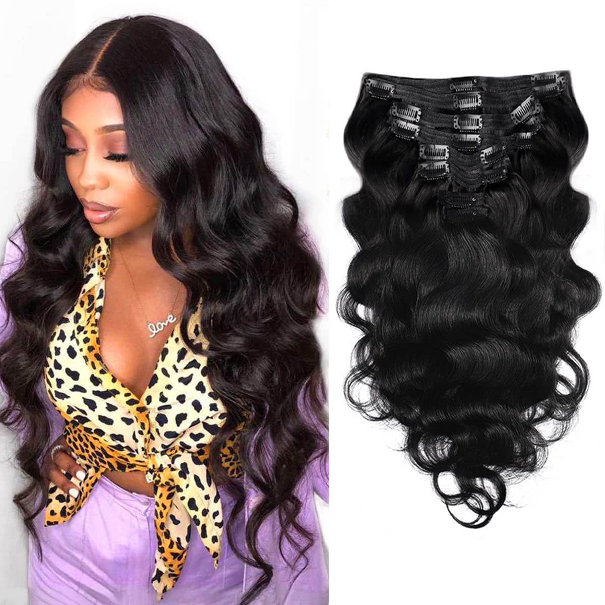 Extensiones de cabello humano real con clip, de 26 pulgadas, 8 unidades, extensiones de cabello humano brasileño ondulado con 18 clips, doble trama