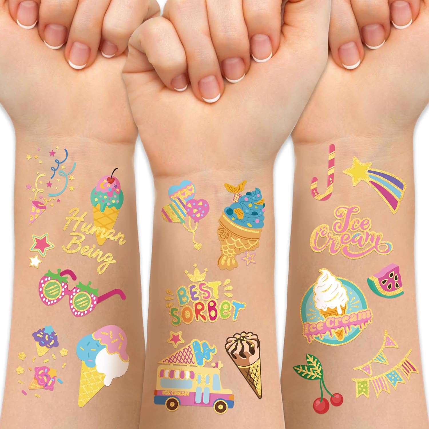 Tatuajes temporales de helado para niños, recuerdos de fiesta de verano, más de 80 estilos de tatuajes falsos metálicos para niños y niñas,