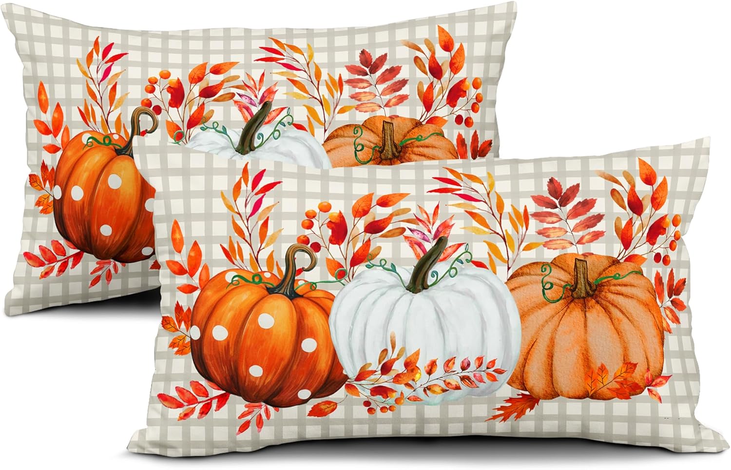 Juego de 2 fundas de almohada de otoño de 12 x 20 pulgadas, fundas de almohada de otoño de Acción de Gracias, calabaza, búfalo, a cuadros, almohadas