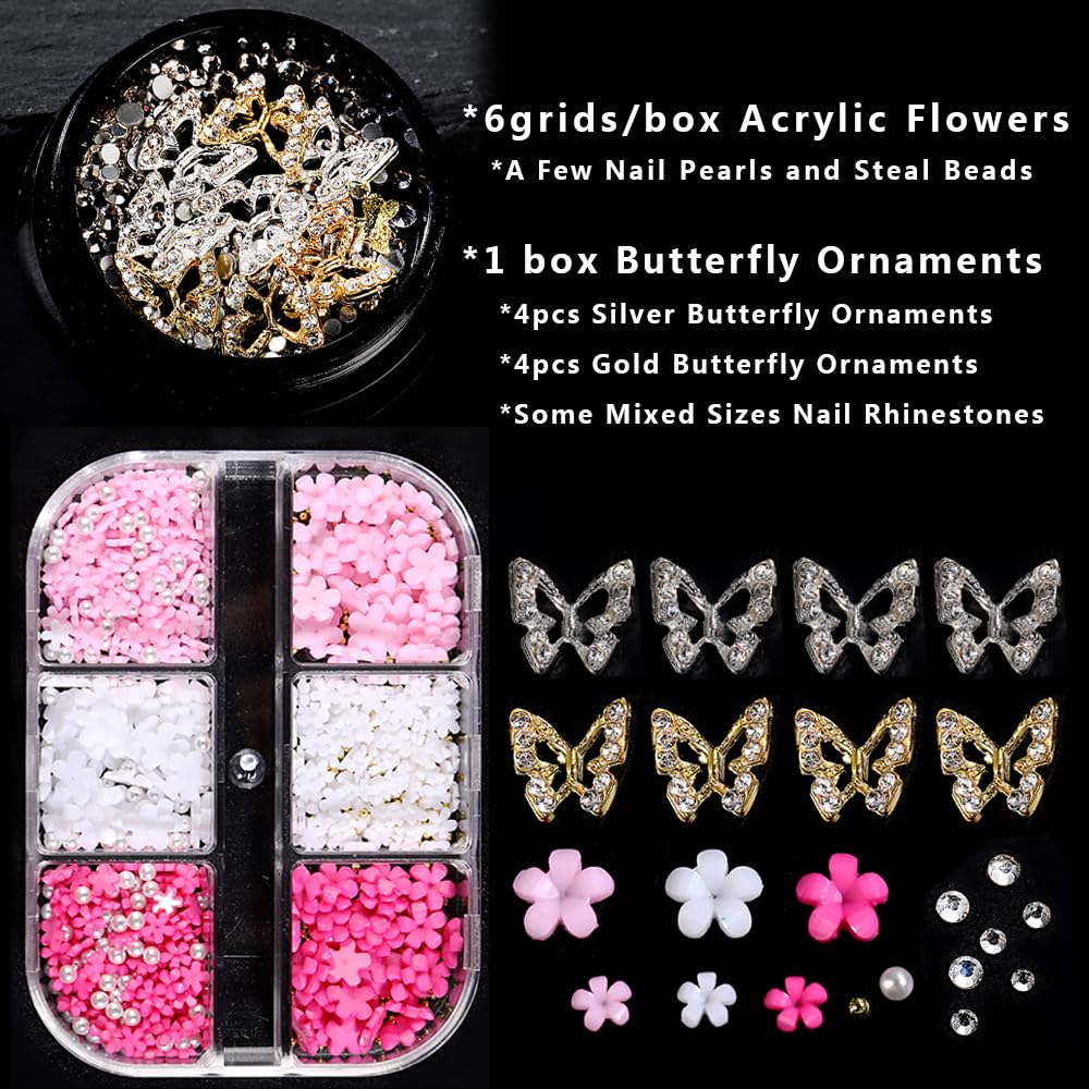 Dijes de uñas de flores 3D, flor acrílica 3D, pétalo de flor blanca y rosa con perlas de perlas, aleación de metal dorado y plata con diamantes de
