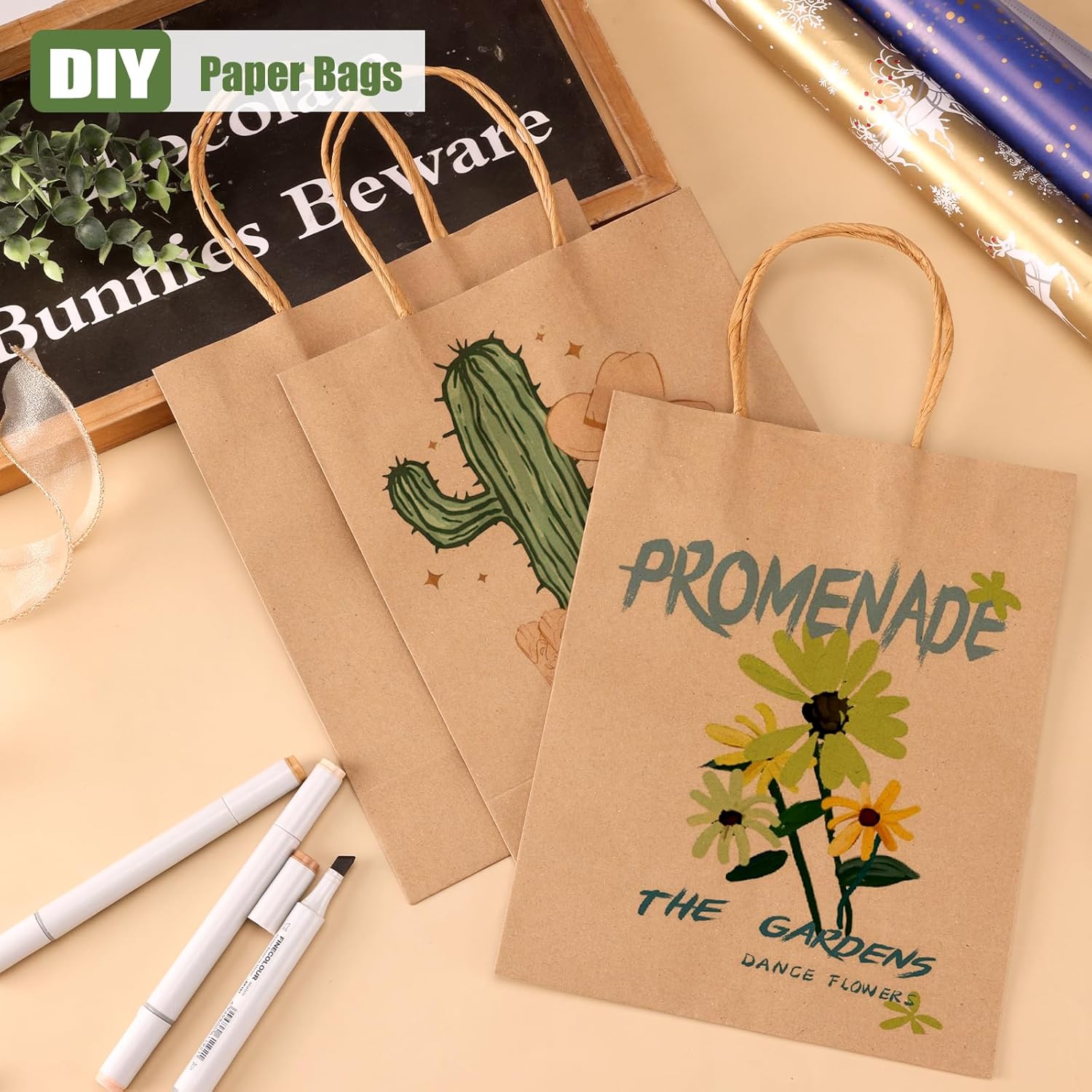 Moretoes 125 bolsas de papel con asas, bolsas de regalo de tamaño mediano de 8 x 4 x 10 pulgadas, bolsas de papel marrón para pequeñas empresas,