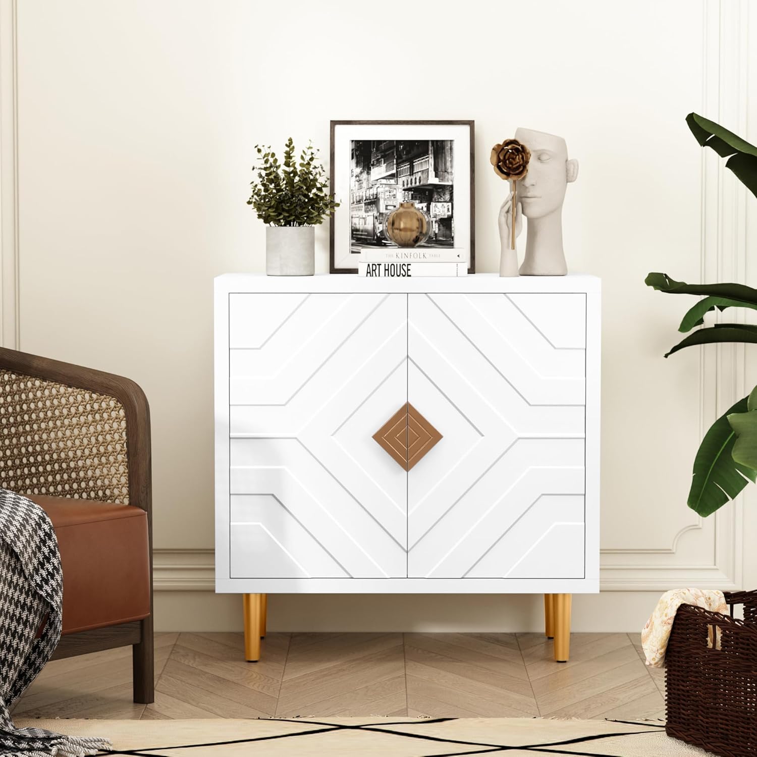 HLR Armario de almacenamiento con 2 puertas, armario decorativo con puertas decorativas en relieve, aparador de gabinete de buffet para sala de