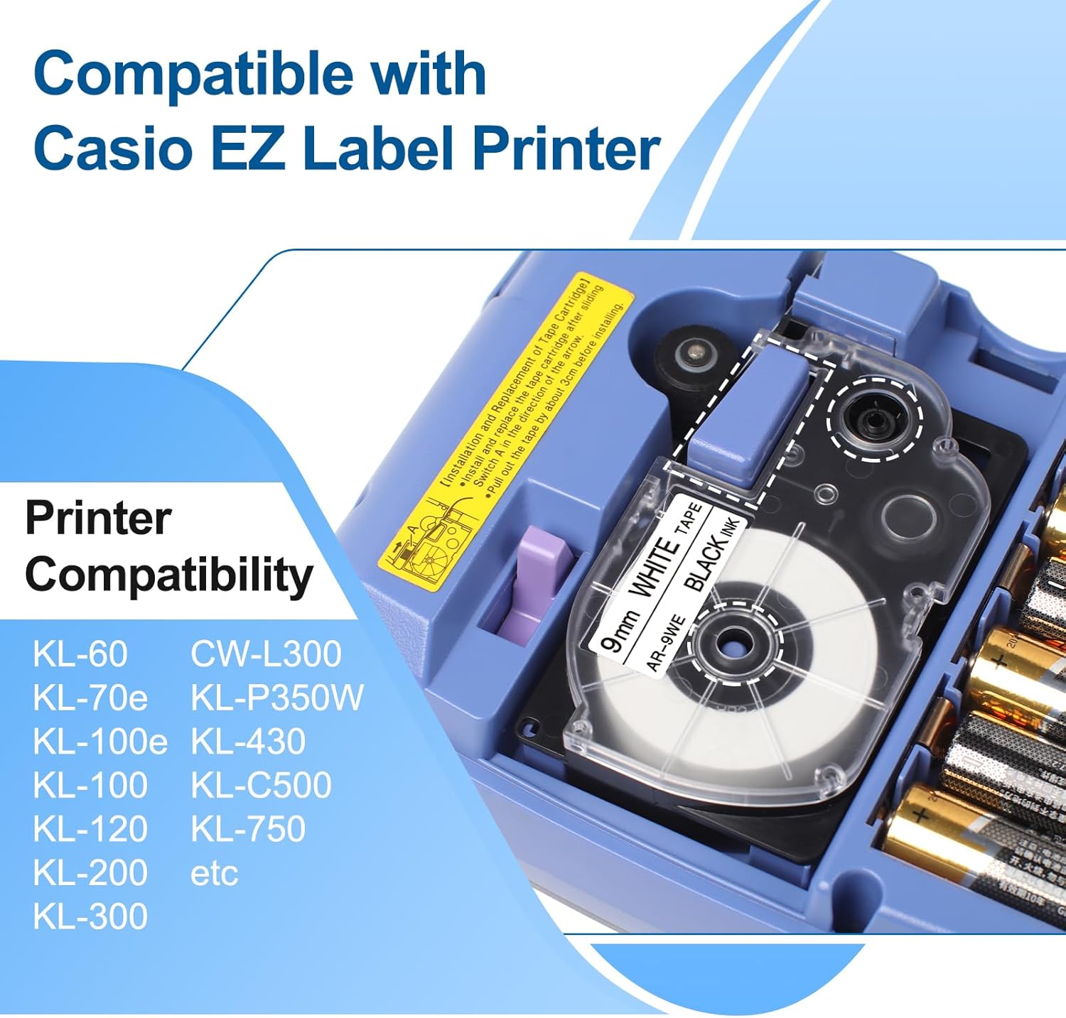 XR-9WE Reemplazo para Casio Label It Tape 0.354 in 38” XR-9WE XR9WE XR-9WE2S Cinta negra sobre blanca Cassette Comaptible Casio EZ impresora de
