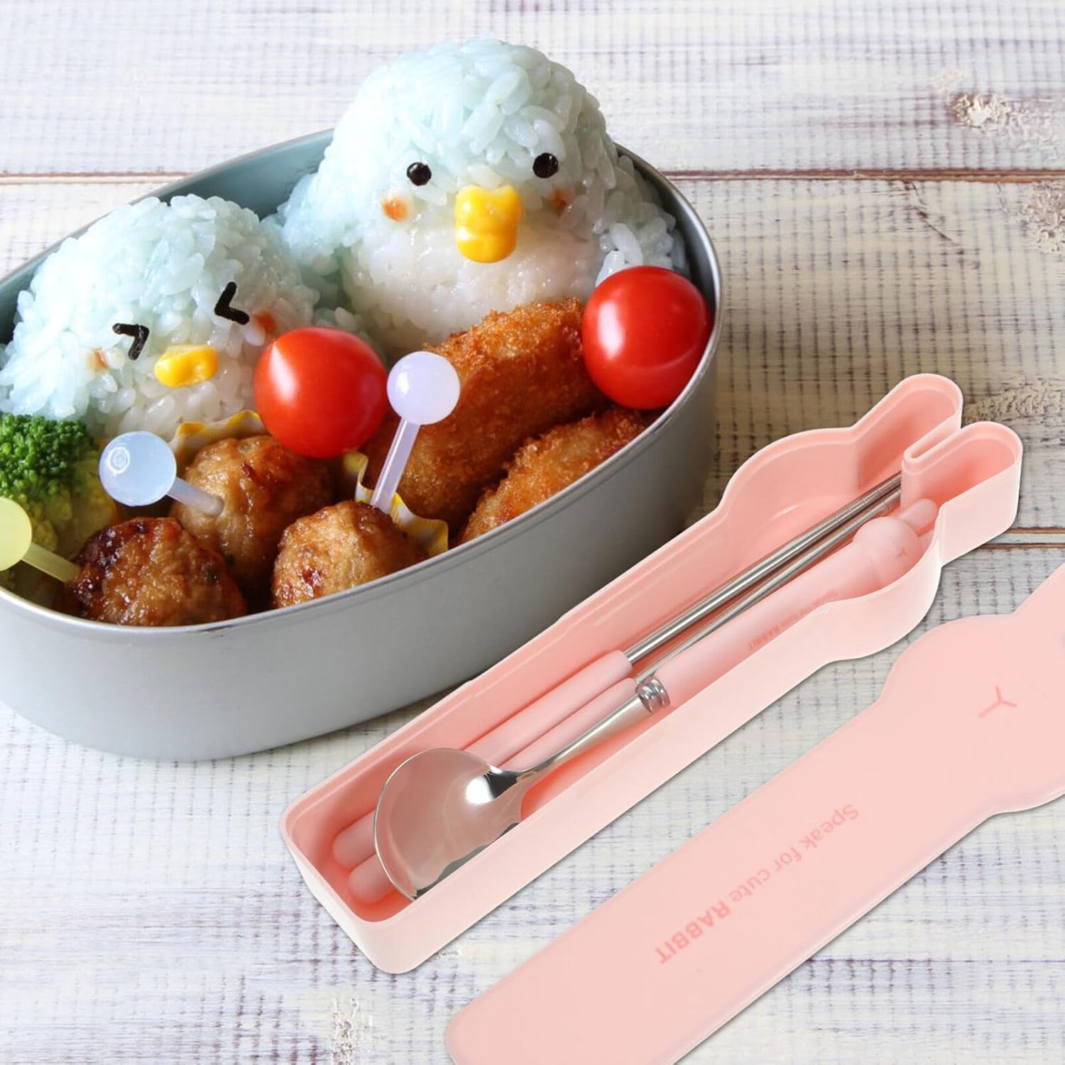 Utensilios de viaje con estuche, utensilios portátiles con forma de conejo, palillos, tenedor, cuchara, juego para viajes, picnic, cubiertos
