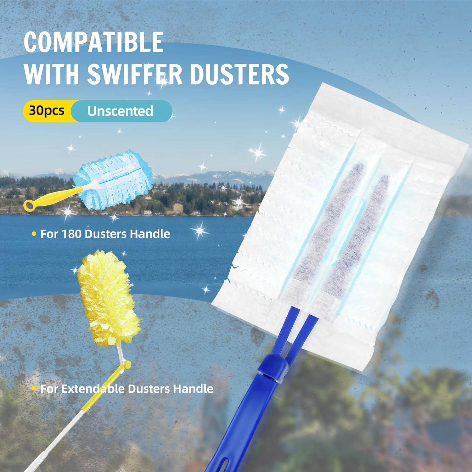30 repuestos de plumero compatibles con Swiffer Dusters 180  Mango extensible, reemplazo de plumero multisuperficie resistente de 180 con 1 mango