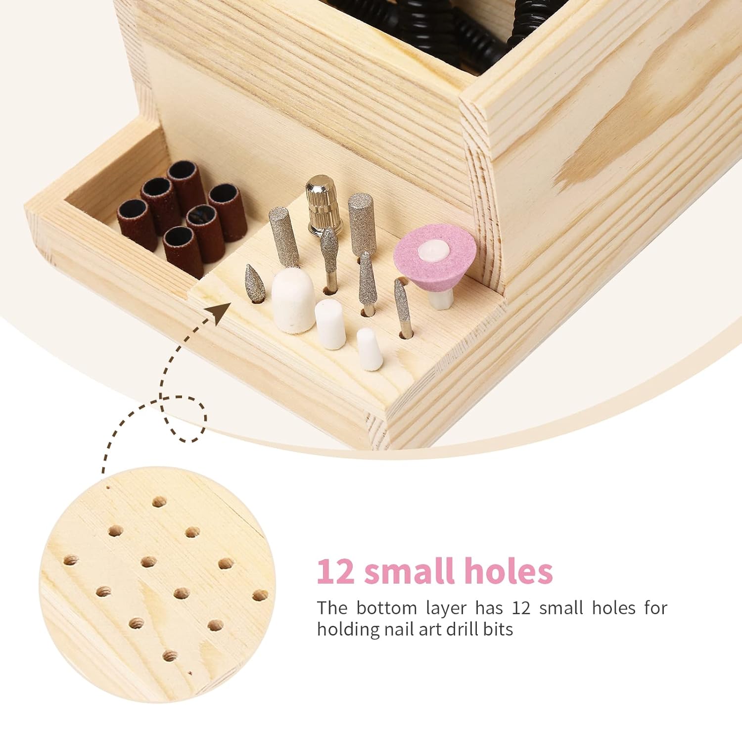 Máquina de taladro de uñas de madera y caja de almacenamiento de brocas (grande), organizador ecológico duradero para herramientas de manicura,