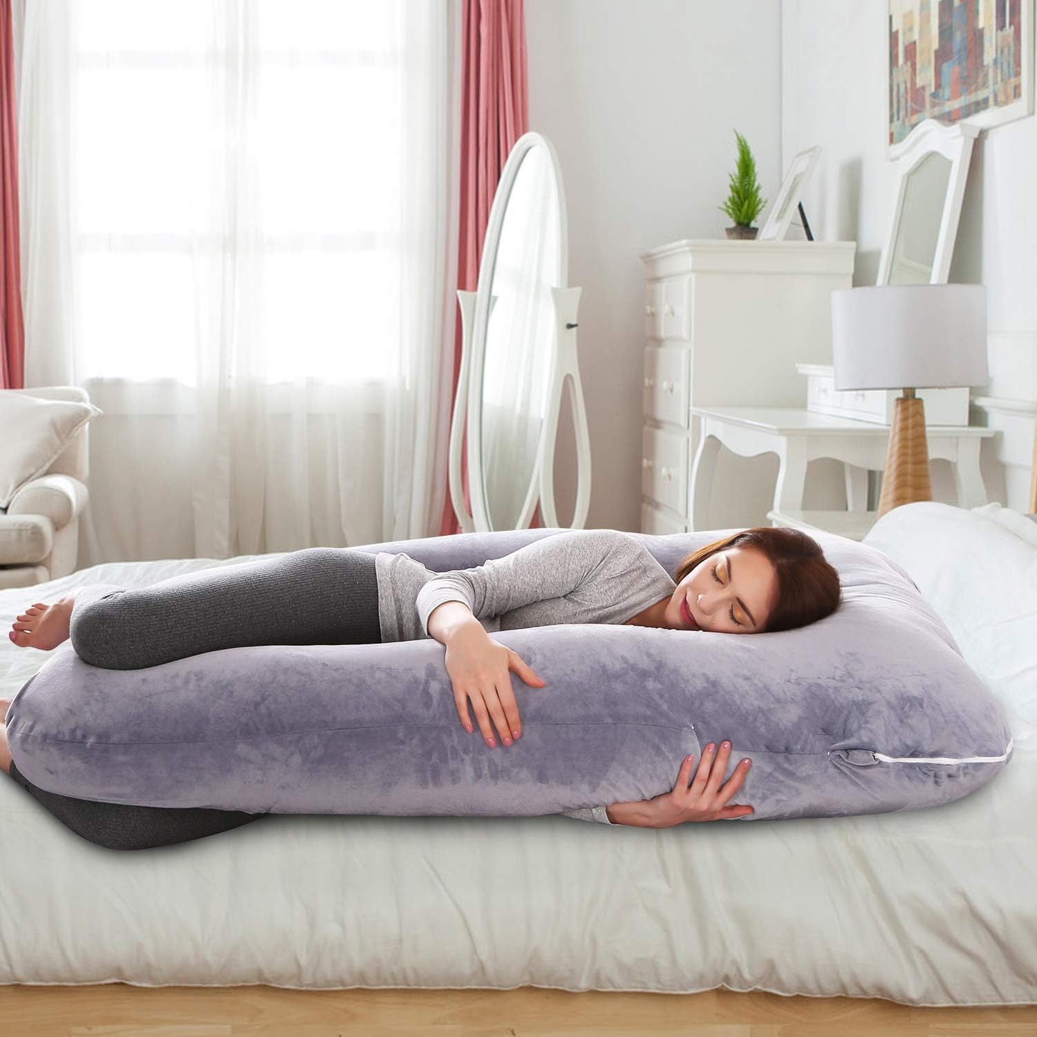 Kingta Almohada de embarazo en forma de U con funda de terciopelo lavable, almohada de maternidad de 57 pulgadas para mujeres embarazadas, soporte