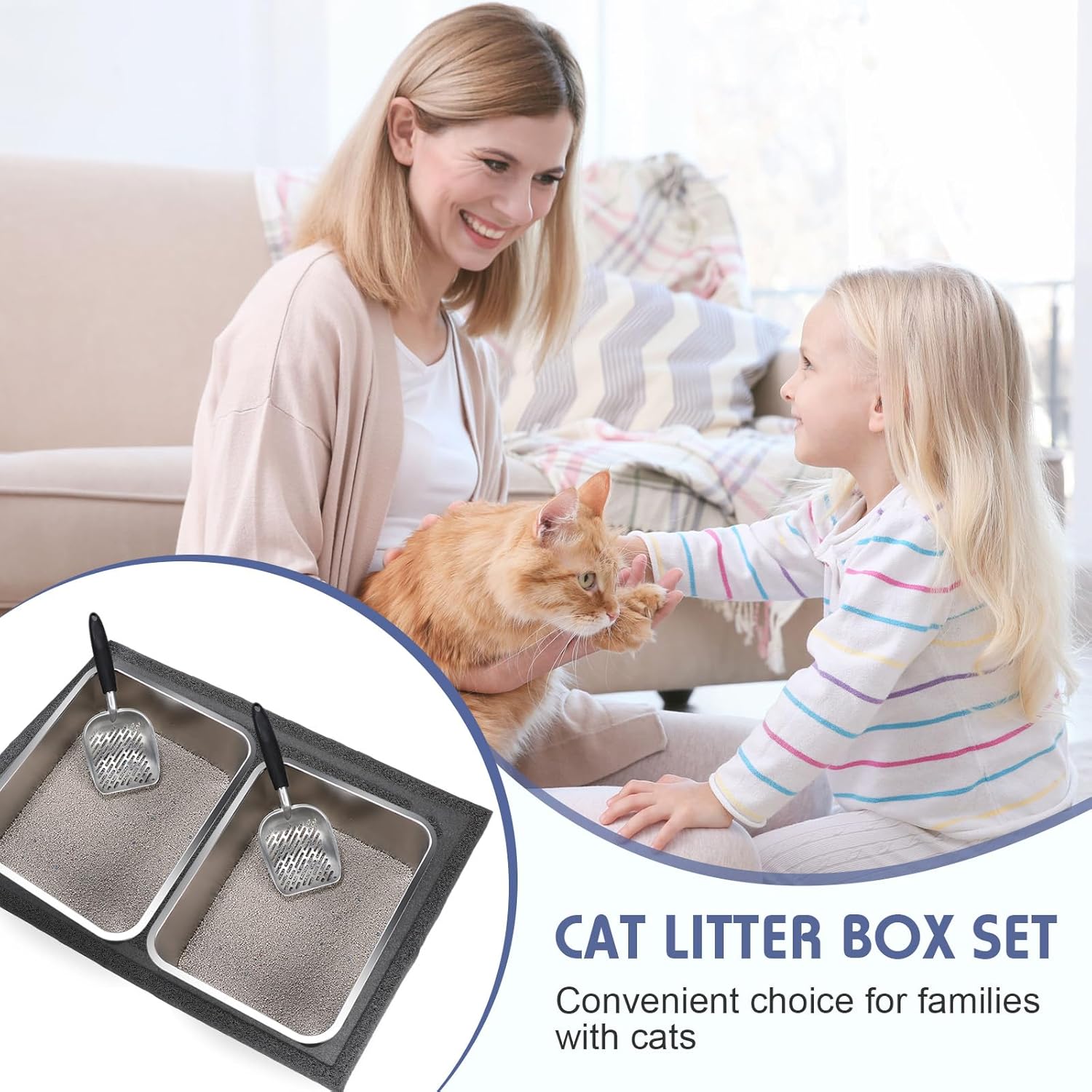 Tioncy Juego de 2 cajas de arena de acero inoxidable y pala de arena para gatos con 1 alfombrilla de arena para gatos, caja de arena de metal,