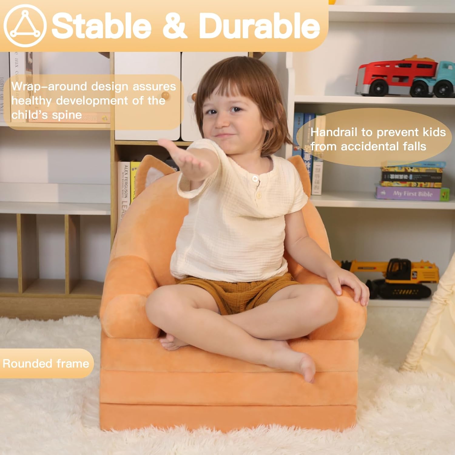 QIUODO Sofá plegable para sala de juegos, sofá abierto de terciopelo 2 en 1 para niños pequeños de 1 a 3 años, cómoda silla infantil para leer y