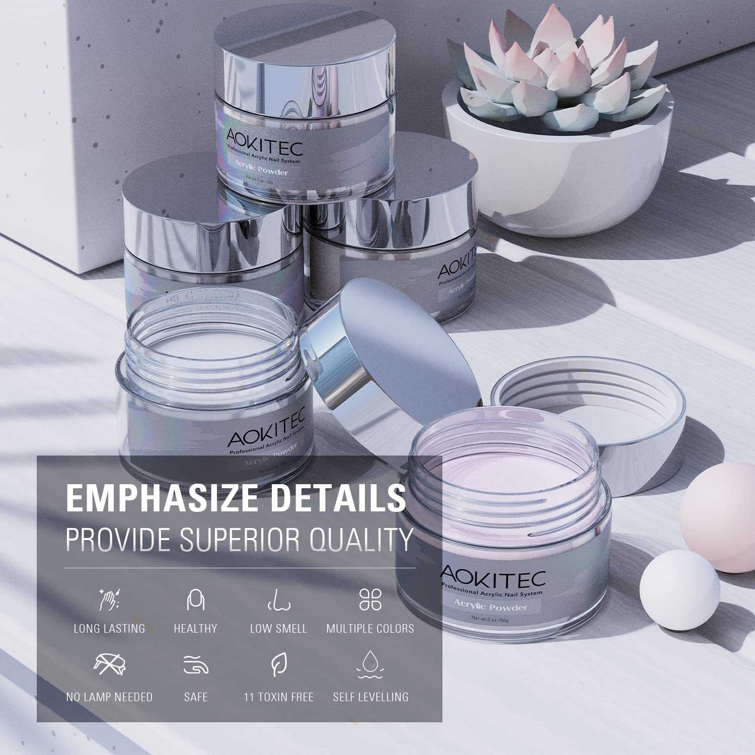 Aokitec Polvo acrílico transparente  1.06 oz de polvo acrílico profesional para uñas, polvo acrílico duradero para extensión de uñas, manicura