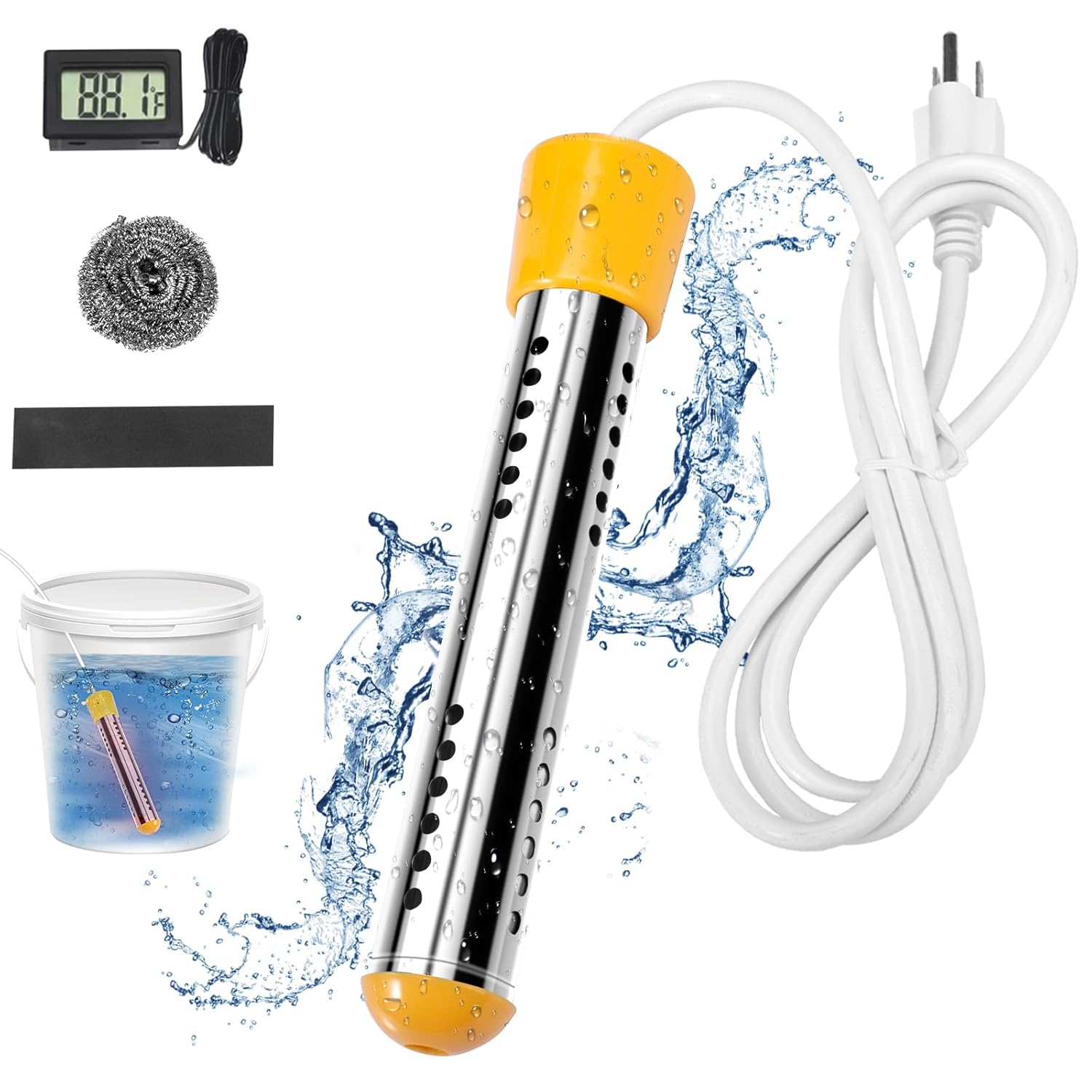 Calentador de agua portátil de inmersión para piscina inflable, calentador de cubo con protector 304 SS y termómetro LCD. Función de apagado