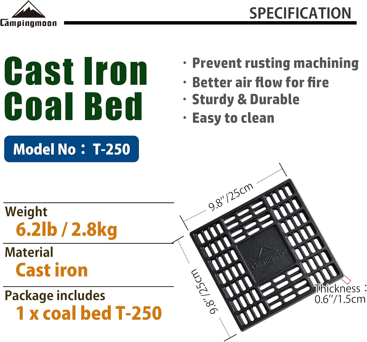 CAMPINGMOON – Rejilla de carbón de 10 x 10 pulgadas con parte inferior de hierro fundido para fogatas de chimenea T-250