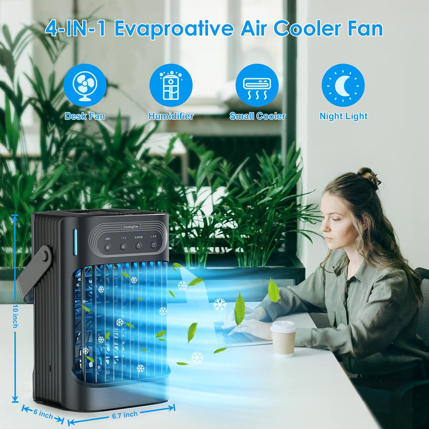 Ventilador de aire acondicionado portátil, mini aire acondicionado evaporativo mejorado portátil con 3 nieblas frías y velocidades, 7 luces