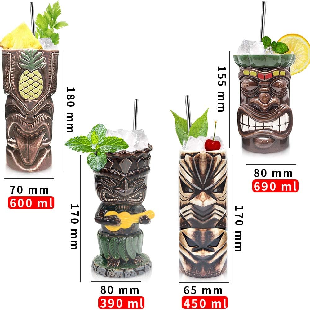 SuproBarware Tiki – Juego de 4 tazas de cerámica hawaiana para fiesta, tazas grandes para cócteles, tazas tropicales para fiestas exóticas, TJB02 (4