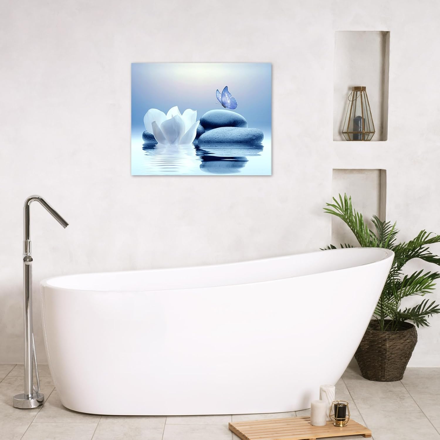 EOBTAIN Lienzo de flores blancas zen, arte de pared, diseño floral y mariposa azul sobre piedra, cuadro moderno enmarcado para yoga, spa, pintura