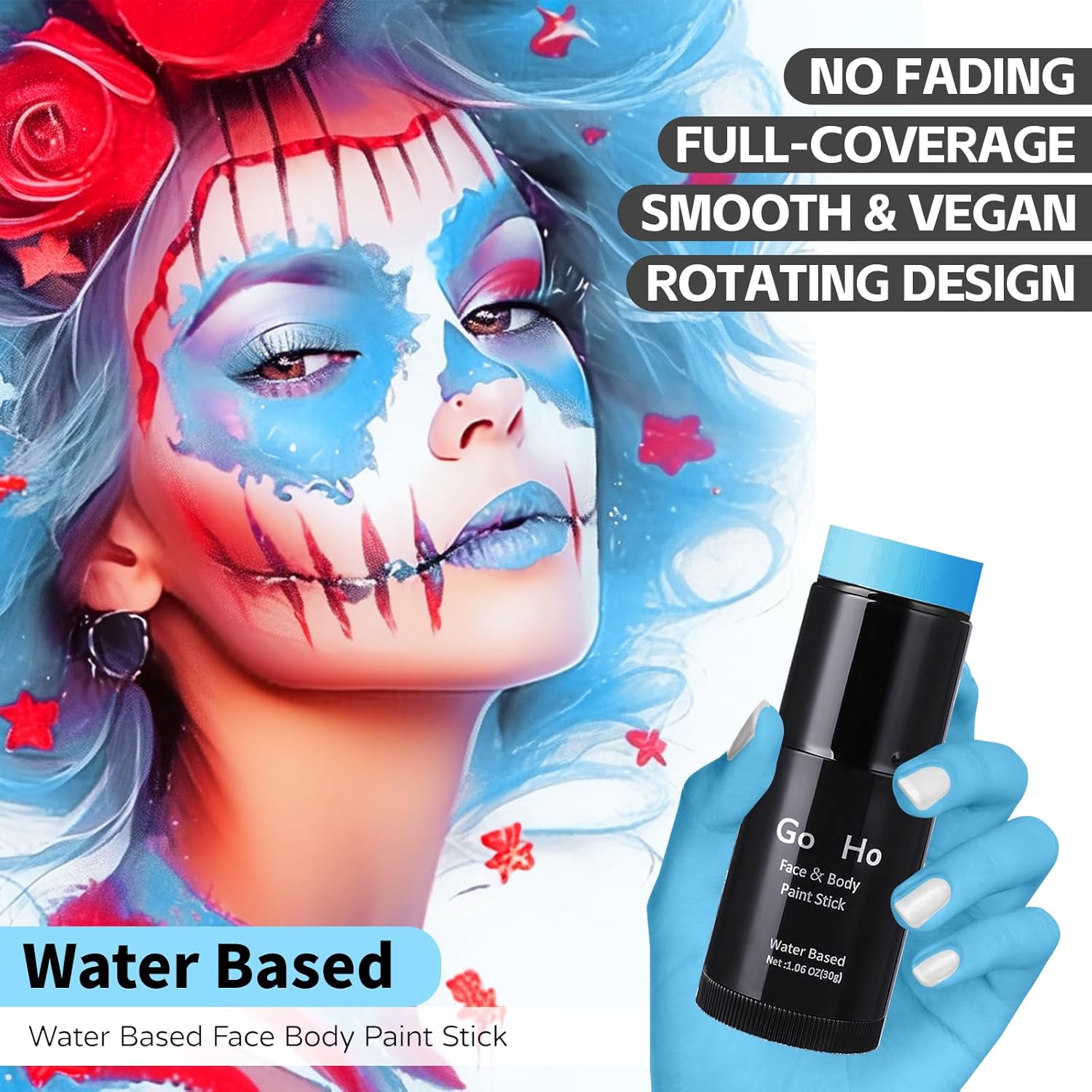 Go Ho Pintura facial azul claro, lavable a base de agua, color azul pálido, pintura corporal azul crema de cobertura completa para adultos y niños,