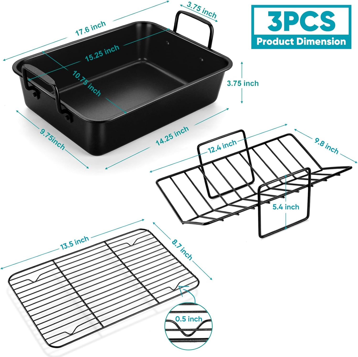 TeamFar Sartén para asar, sartén antiadherente de 15 pulgadas para brownie para lasaña profunda con estante en forma de V y estante de enfriamiento,