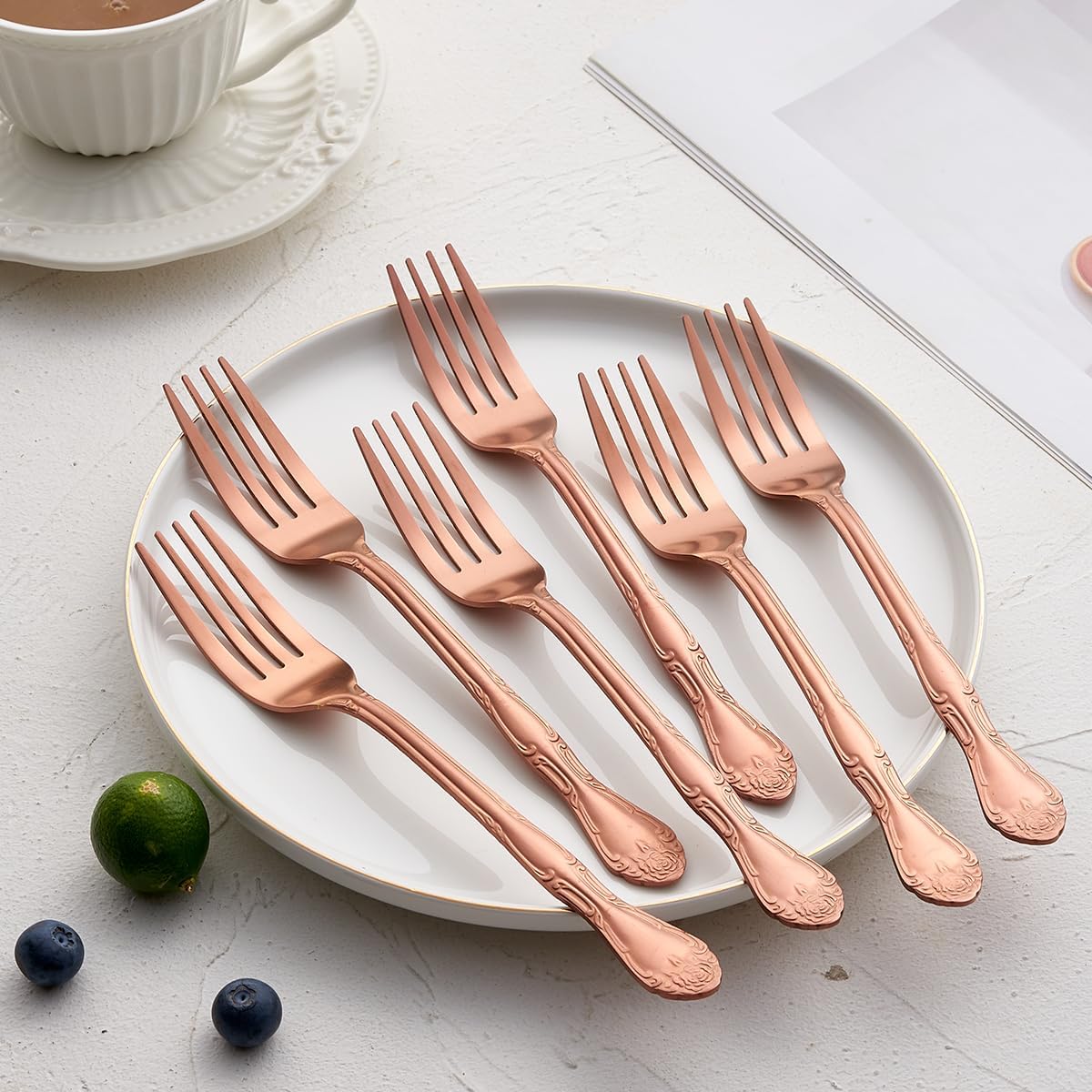 Tenedores de postre de oro rosa mate, tenedores de acero inoxidable con acabado satinado, juego de 6 tenedores para ensalada, diseño de patrón rosa,
