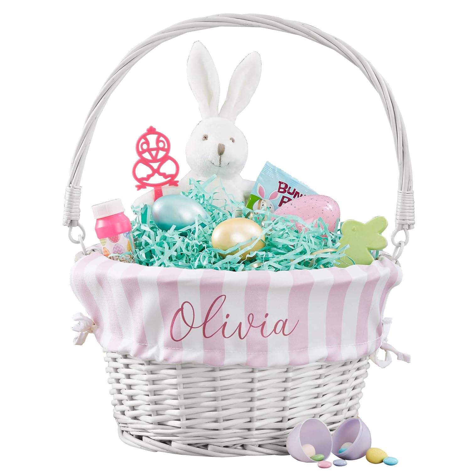 Personalization Universe Cesta de Pascua personalizada con diseño de rayas delicadas, cesta de bebé con diseño azul o rosa, cesta de mimbre blanco