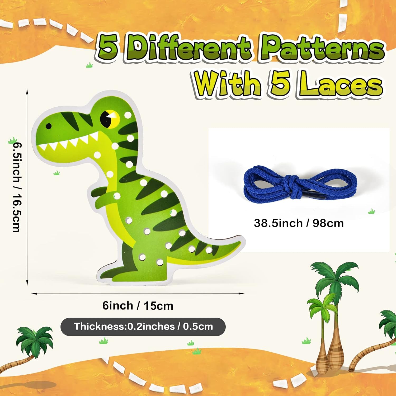 Atoylink Paquete de 5 tarjetas de cordón de dinosaurio de madera para niños pequeños, juguetes de viaje, juegos preescolares, habilidades motoras