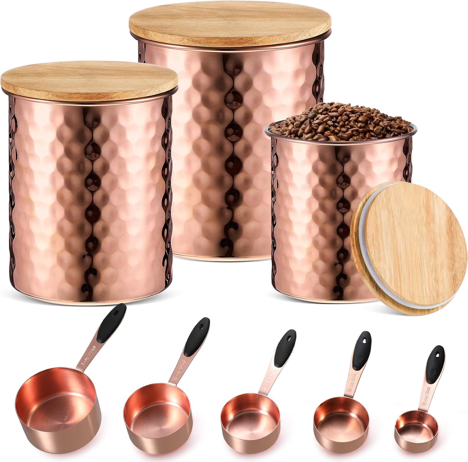 Juego de 8 recipientes de cobre de 30.43 onzas, 47.34 onzas, 60.87 onzas para cocina, juego de tazas y cucharas medidoras de acero inoxidable con