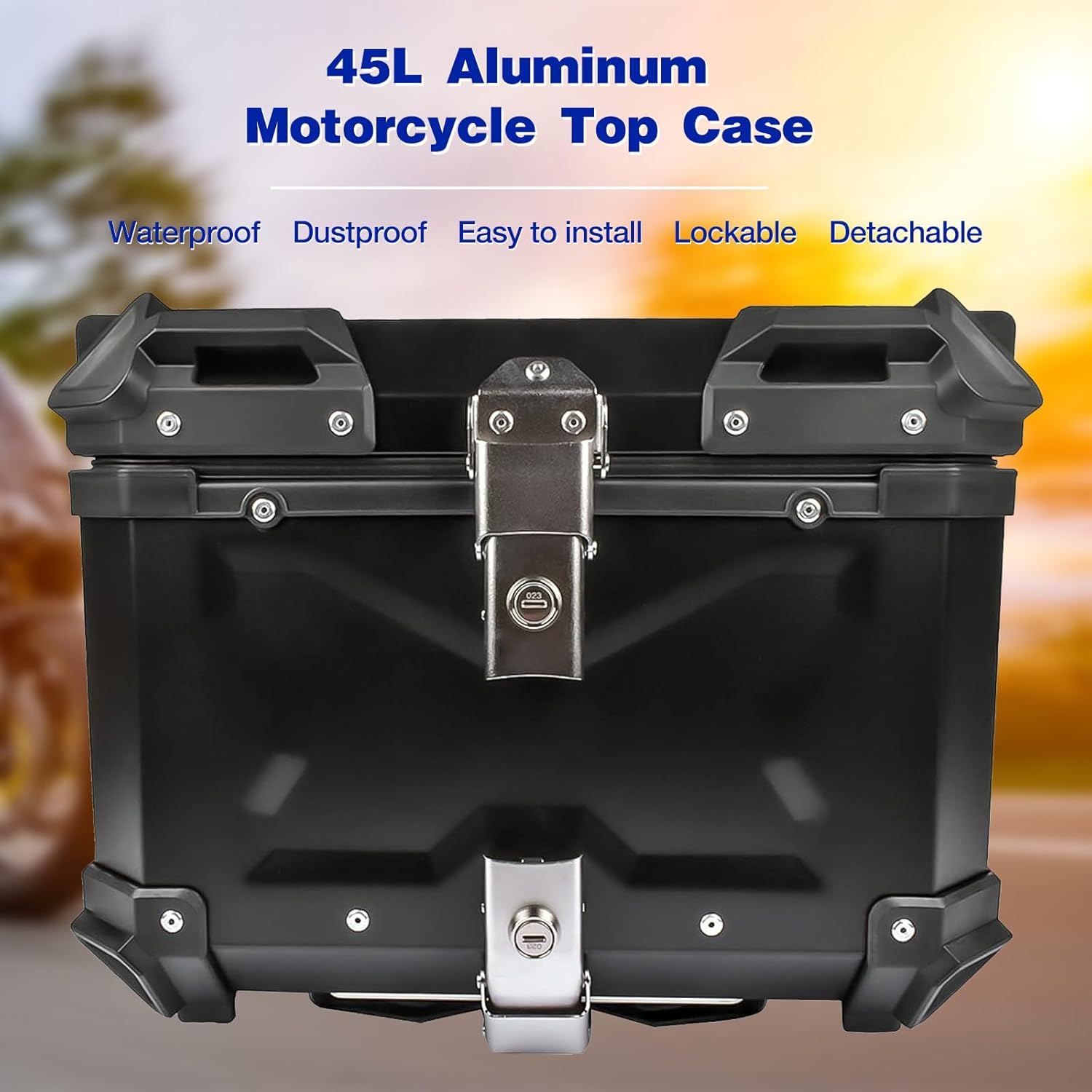 Maleta superior de motocicleta negra de 45 L, caja superior de aluminio impermeable para maletero de motocicleta, caja de cola con cerradura de
