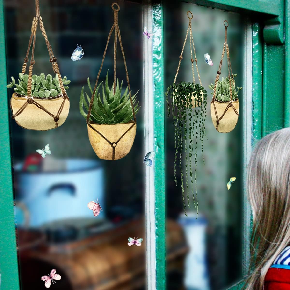 Calcomanías de pared para ventana de suculentas, PVC de doble cara para colgar plantas verdes, mariposas, anticolisión, removibles, calcomanías de