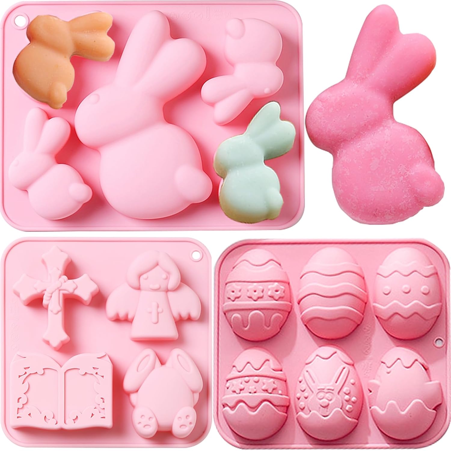 Paquete de 3 moldes de silicona de conejo de Pascua para hornear, moldes grandes de silicona para huevos de Pascua, pavo y cruz, molde de chocolate