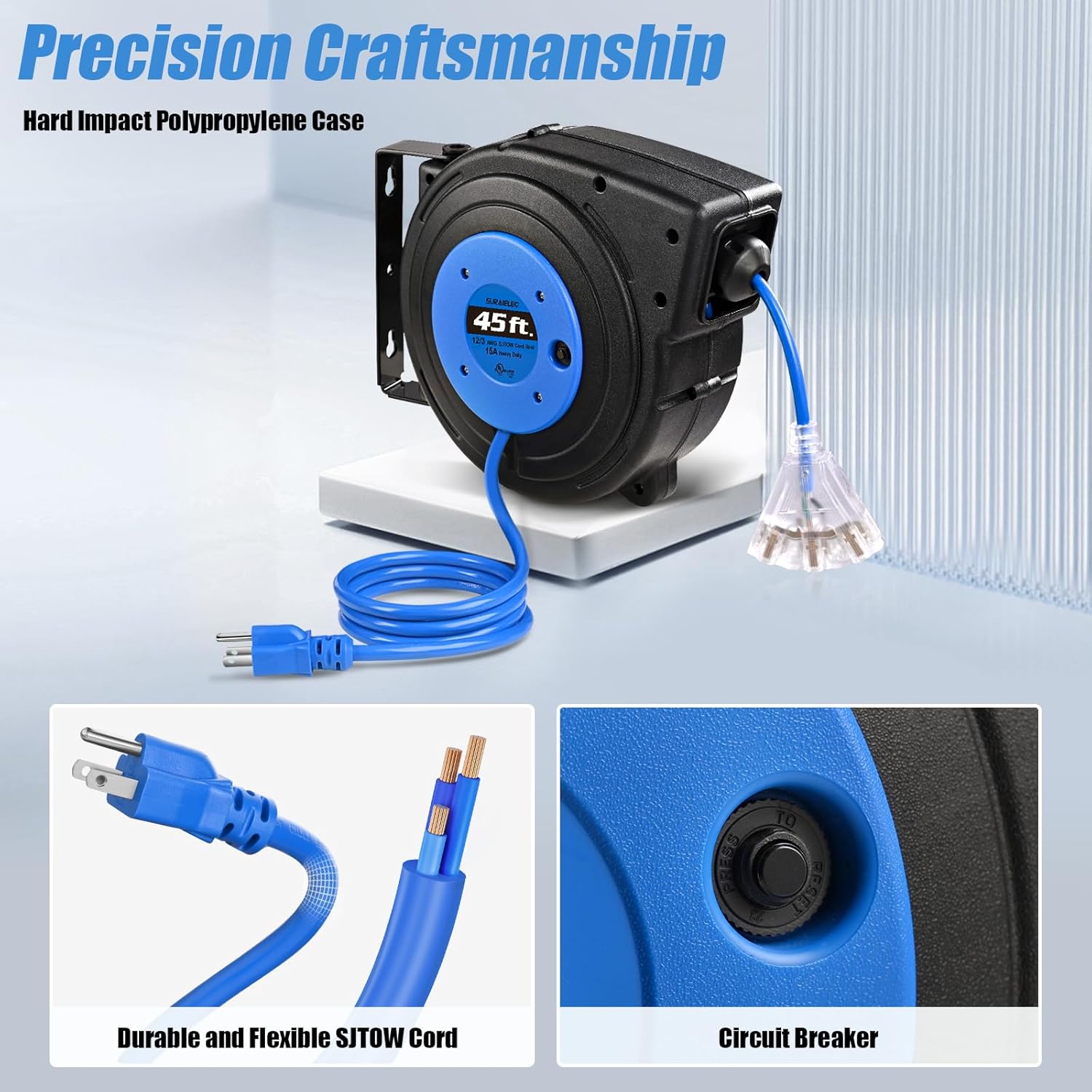 SURAIELEC Carrete de cable de extensión retráctil de calibre 12, cable de alimentación resistente SJTOW de 45 pies 12 AWG3C, 3 salidas de triple