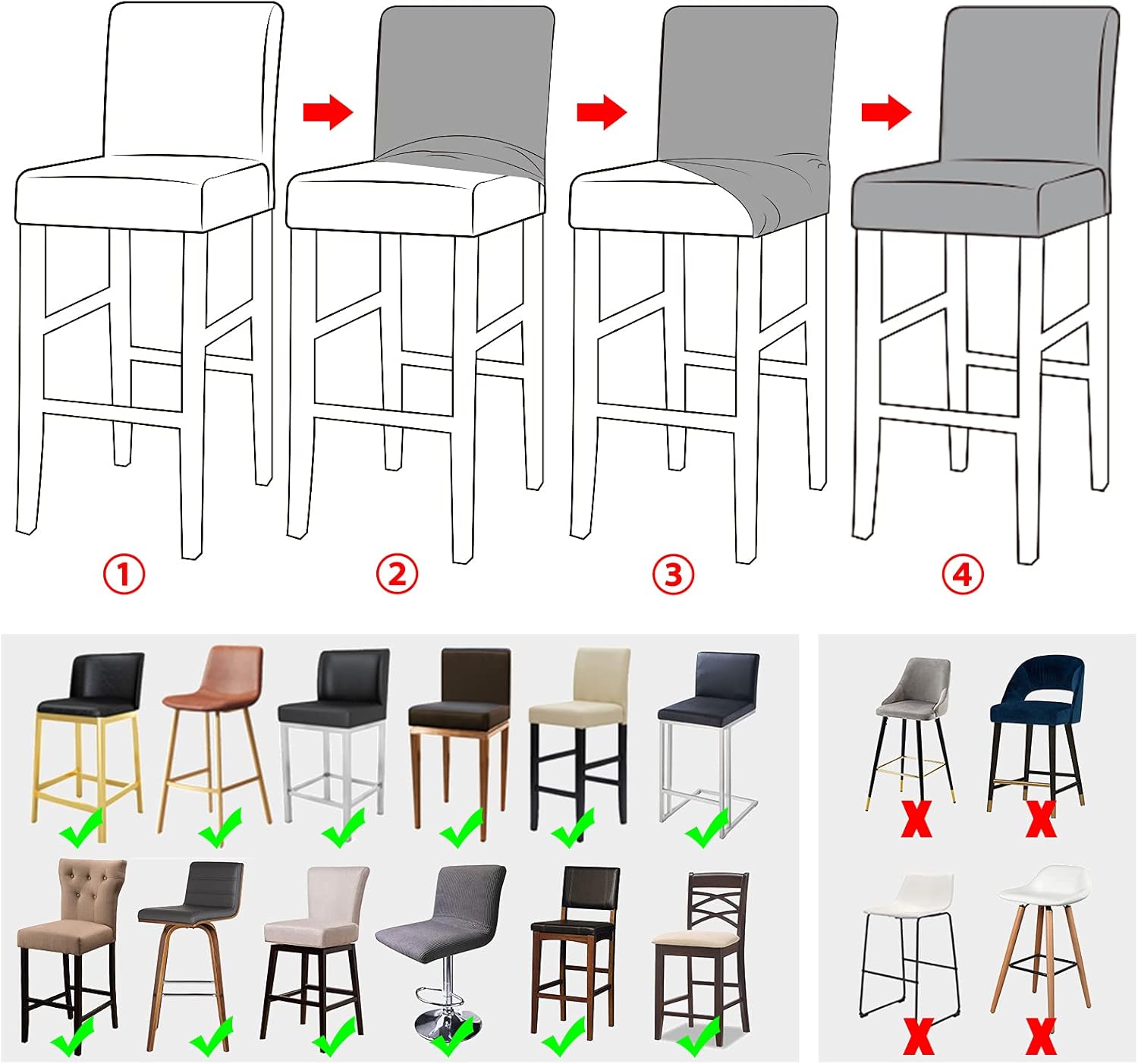 Lellen Funda para taburete de silla de bar jacquard  Paquete de 4 fundas elásticas para silla de comedor giratoria corta, sillas laterales de altura