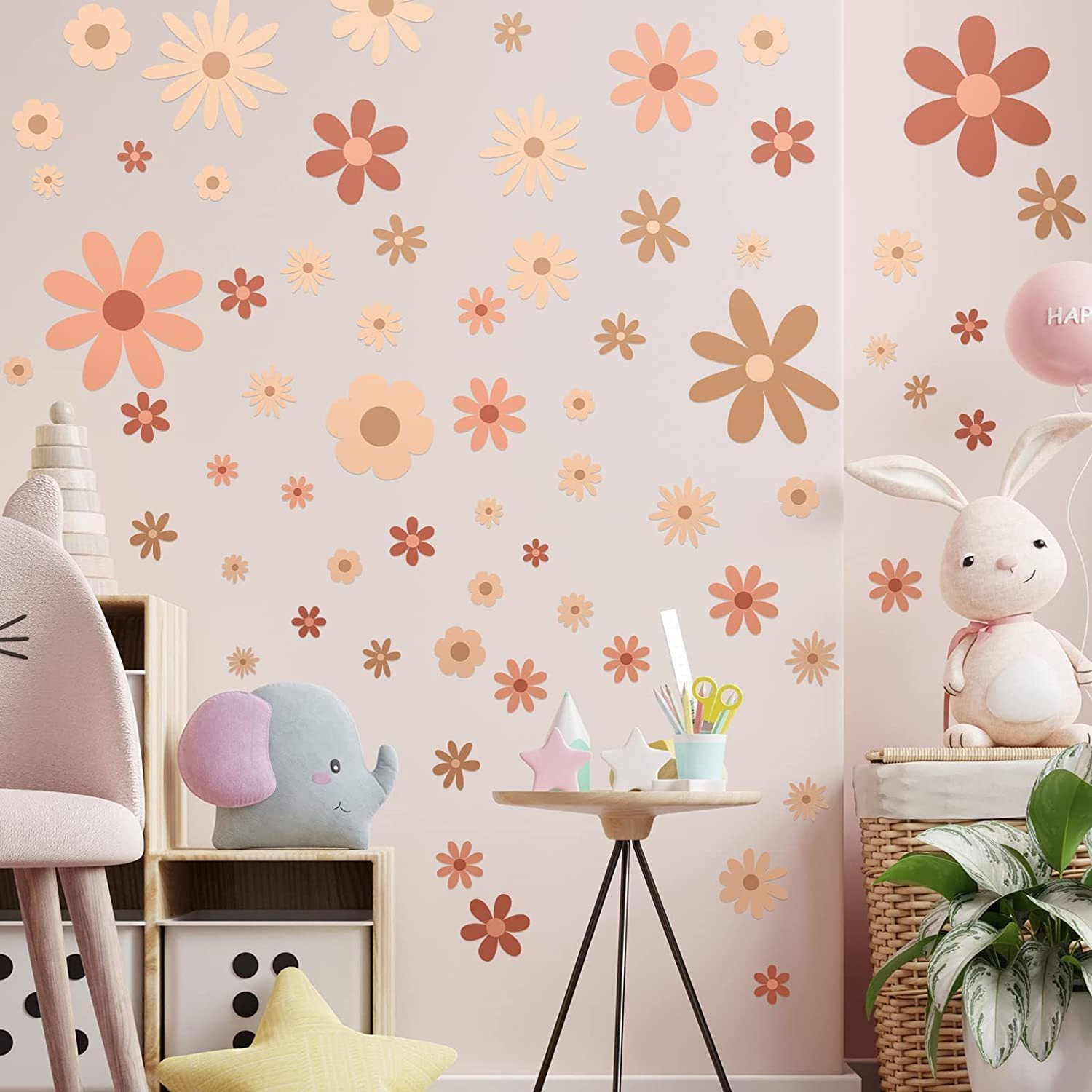 Calcomanía de pared de margaritas, calcomanías de pared de flores bohemias para dormitorio de niñas, calcomanías de decoración de pared para
