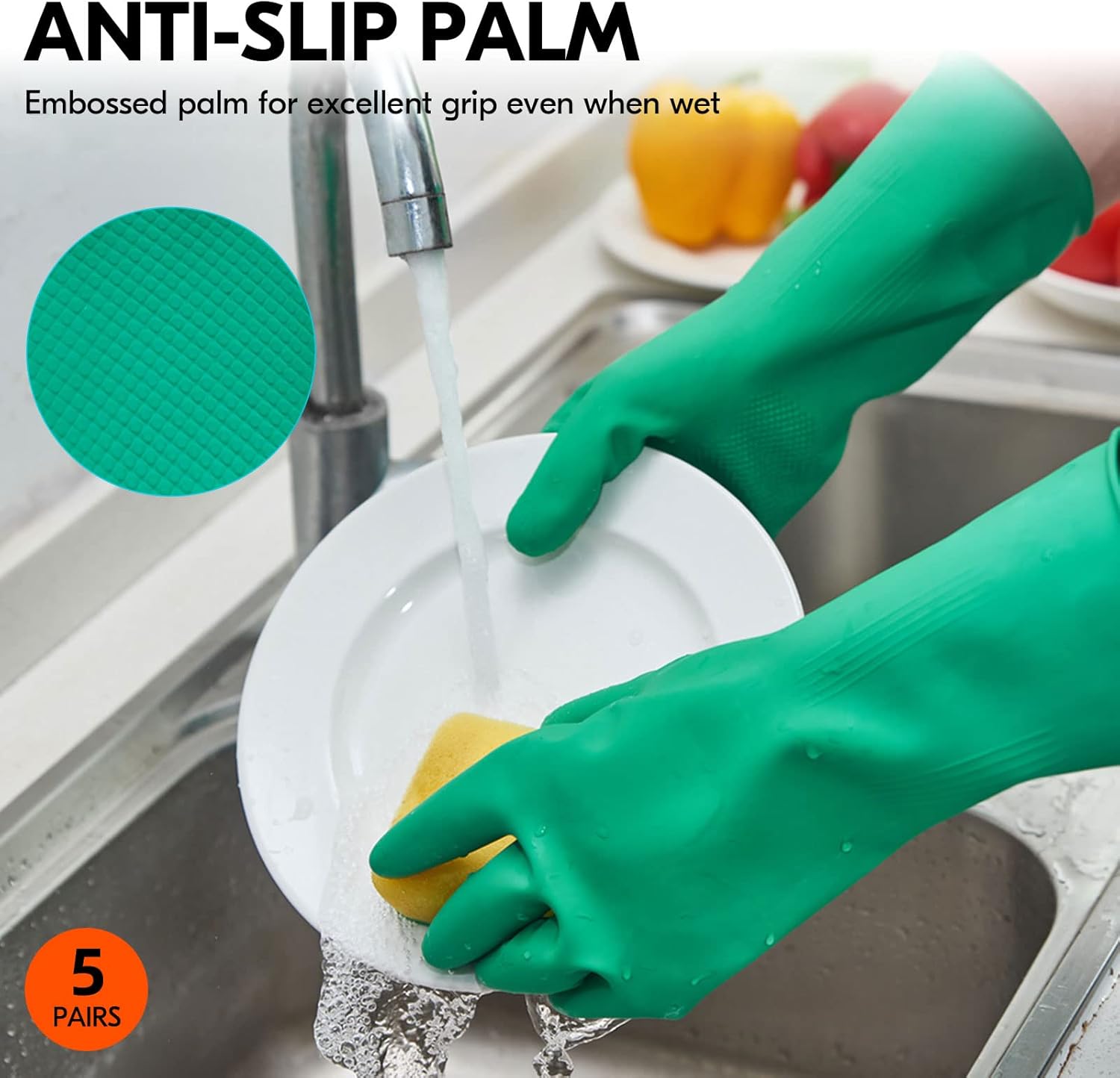 5 pares de guantes reutilizables para el hogar, guantes de goma para lavar platos, mangas largas, grosor extra para lavar platos