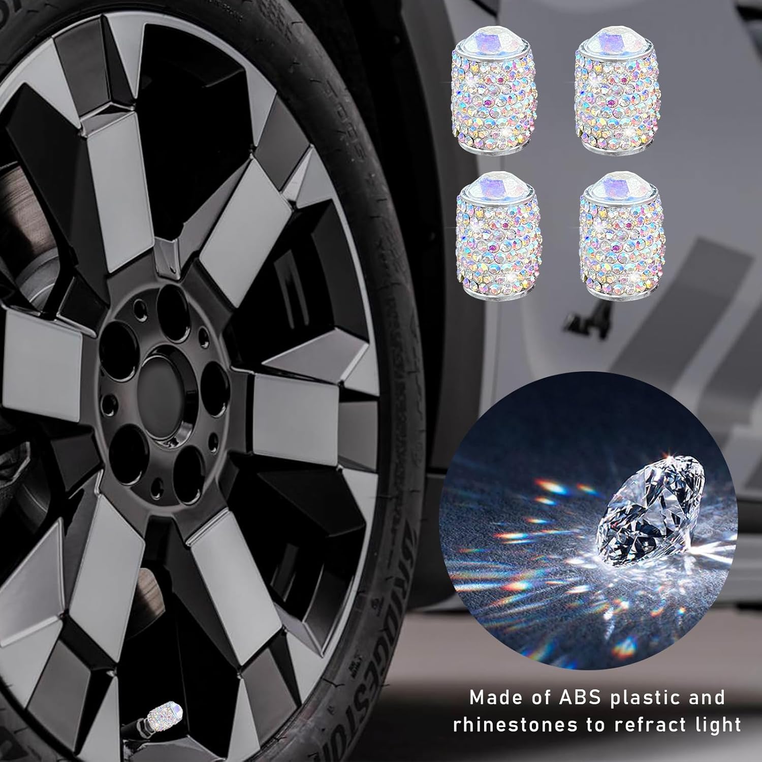 Ziciner 4 tapas de vástago de válvula de neumático, a prueba de polvo, hechas a mano con diamantes de imitación, atractivos accesorios exteriores de