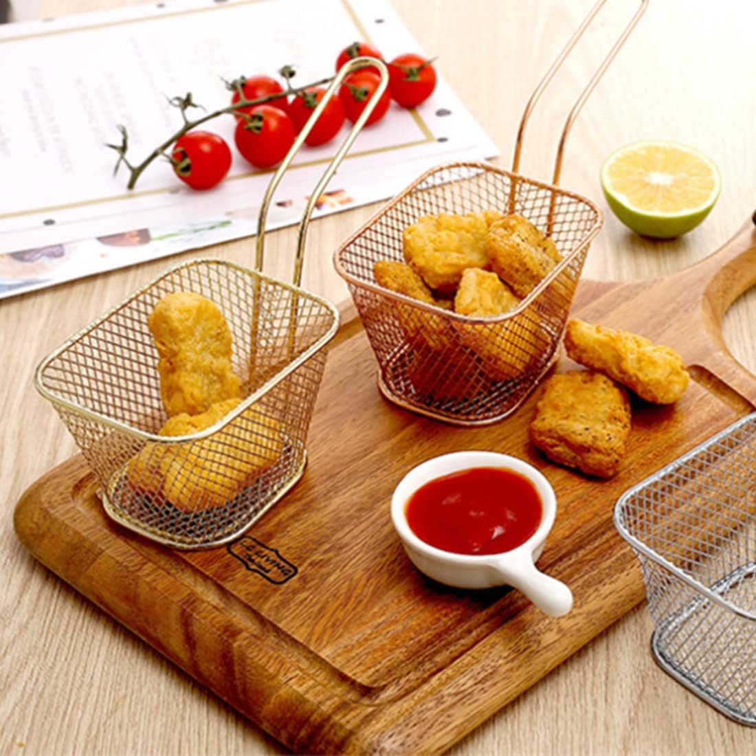 MIIIM 8 cestas cuadradas para papas fritas de 4 pulgadas, cestas de presentación de alimentos fritos con asa soporte para papas fritas para cocina,