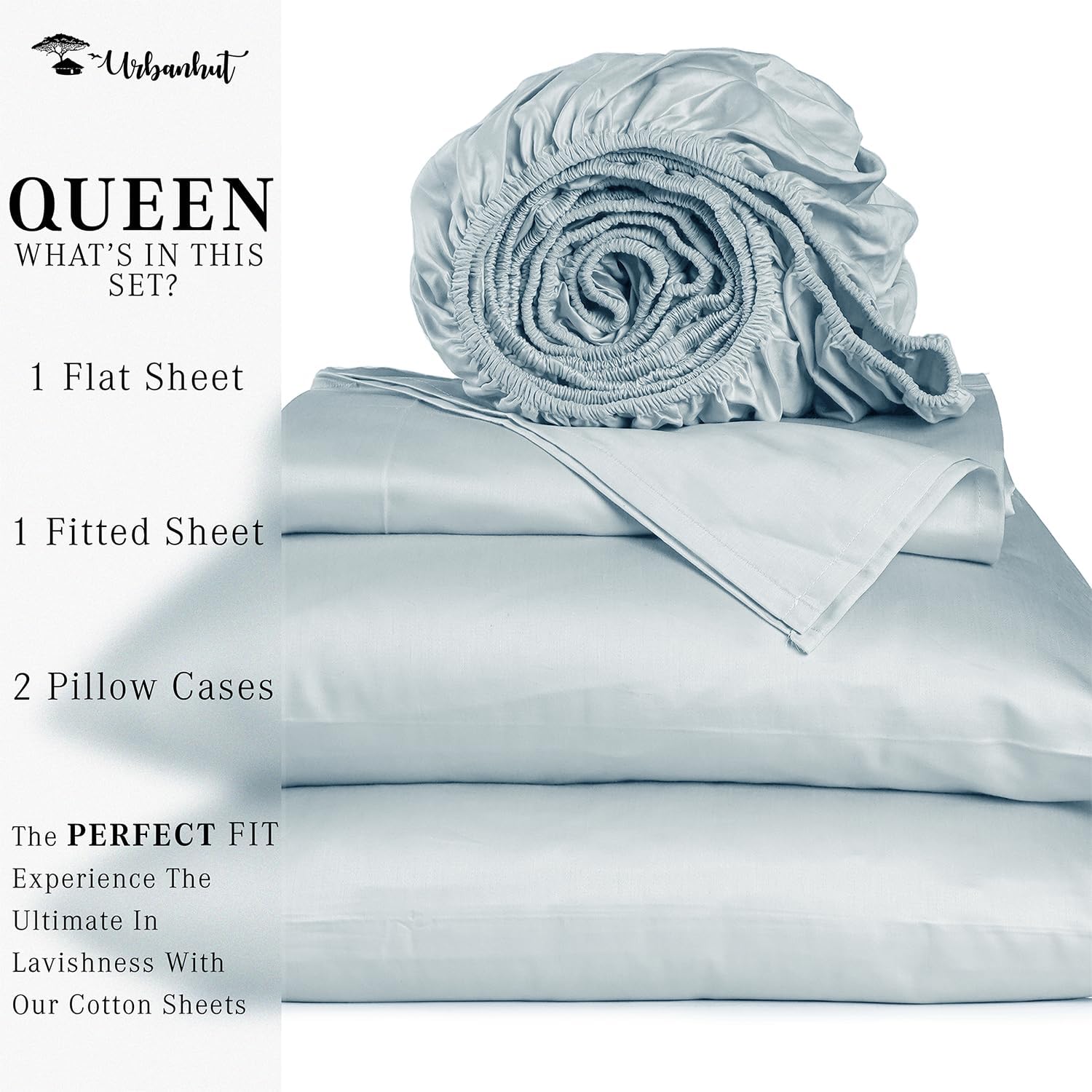 URBANHUT Sábanas 100% de algodón egipcio, juego de sábanas de 1000 hilos tamaño Queen (4 unidades), sábanas de hotel de lujo para cama tamaño Queen,