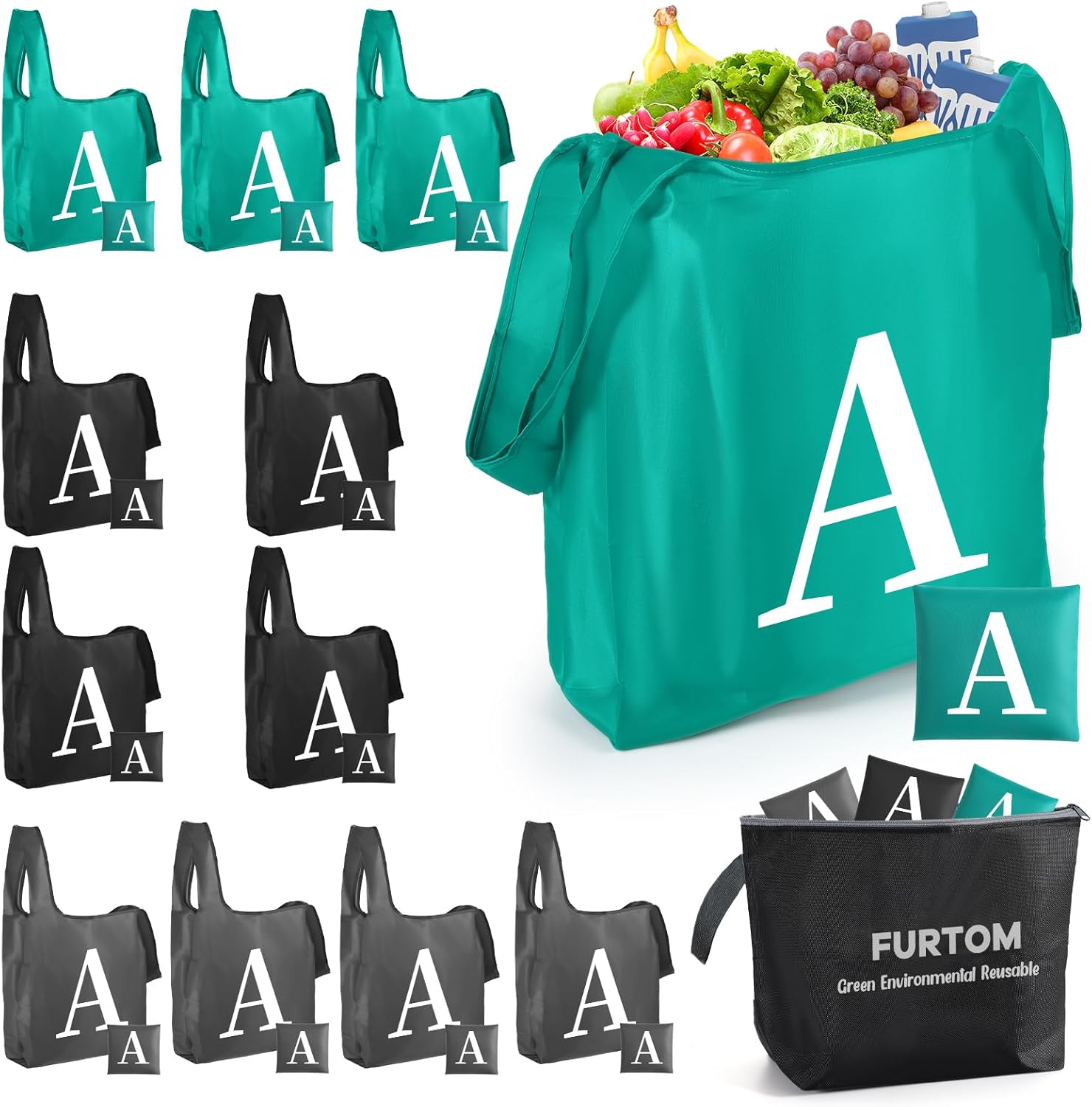 Bolsas de comestibles reutilizables plegables  Bolsas de compras grandes reutilizables paquete de 12 bolsas reutilizables de cocina con asas con